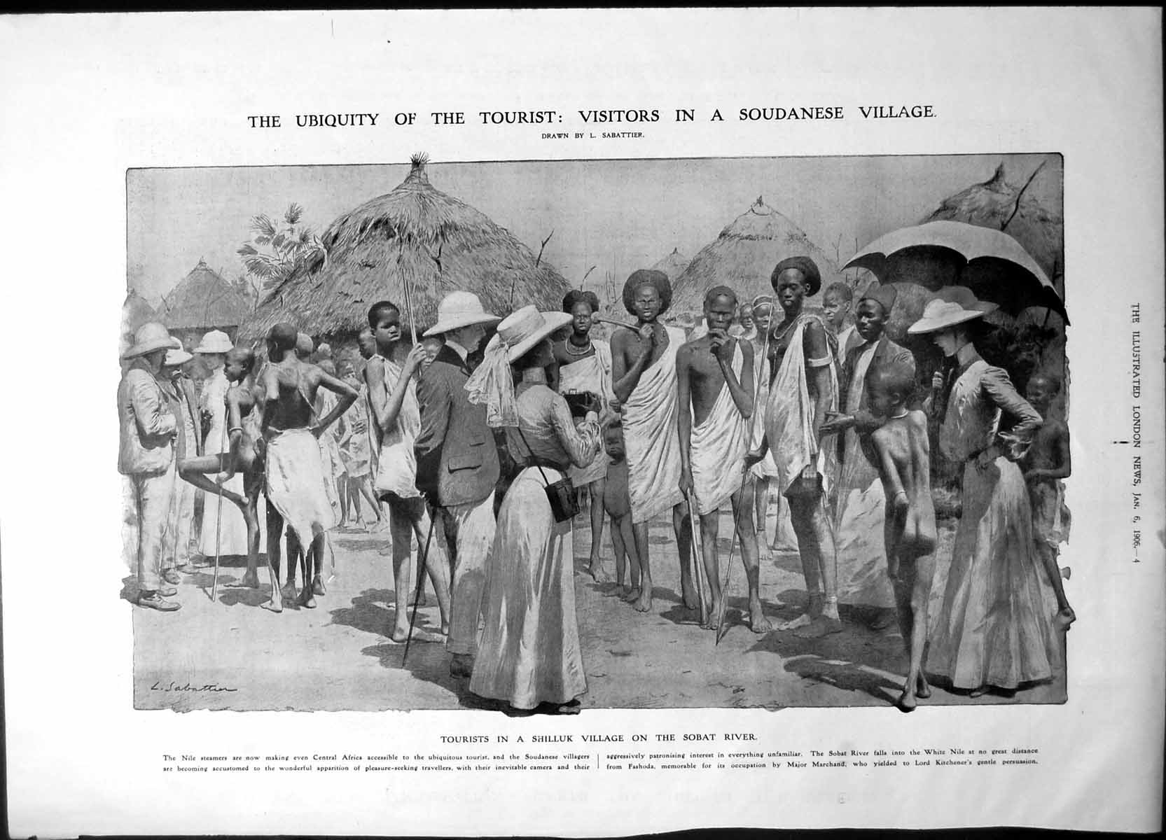 Antique Old Print Tourists Shilluk Village Sobat River Soudanese Villagers 190