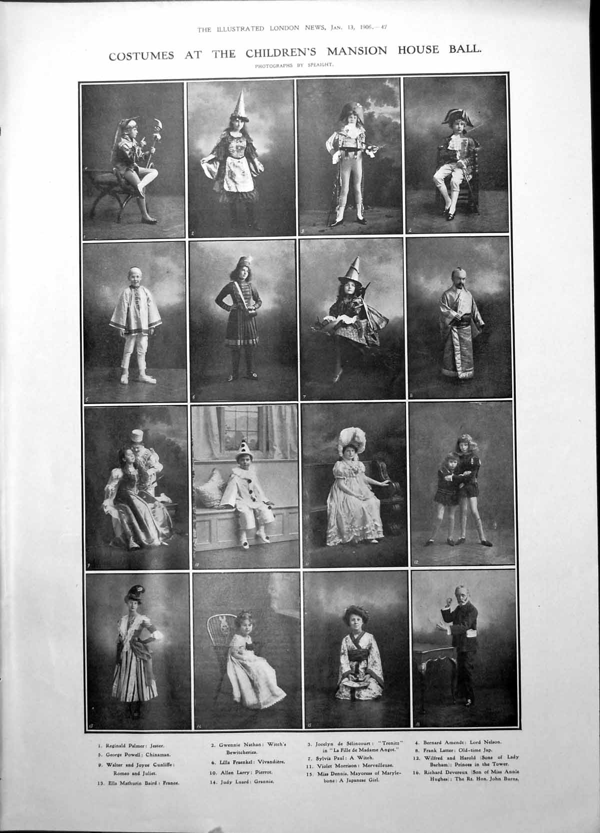 Old Print Costumes Childrens Mansion House Ball Head Girl White Water 1906 20th
