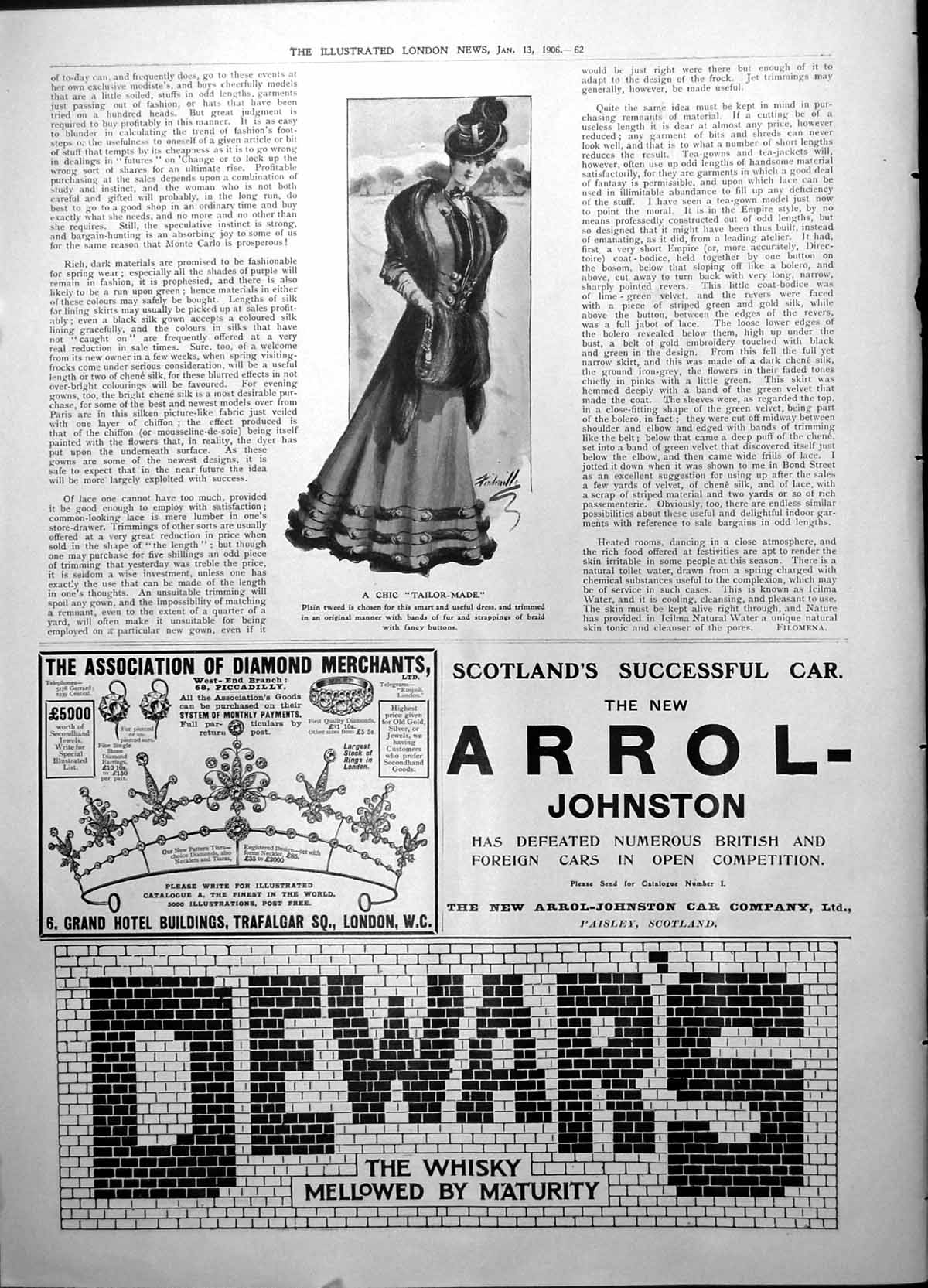 Antique Print Tailor Made Dress Tweed Dewars Whisky Arrol-Johnston Car 1906 20th