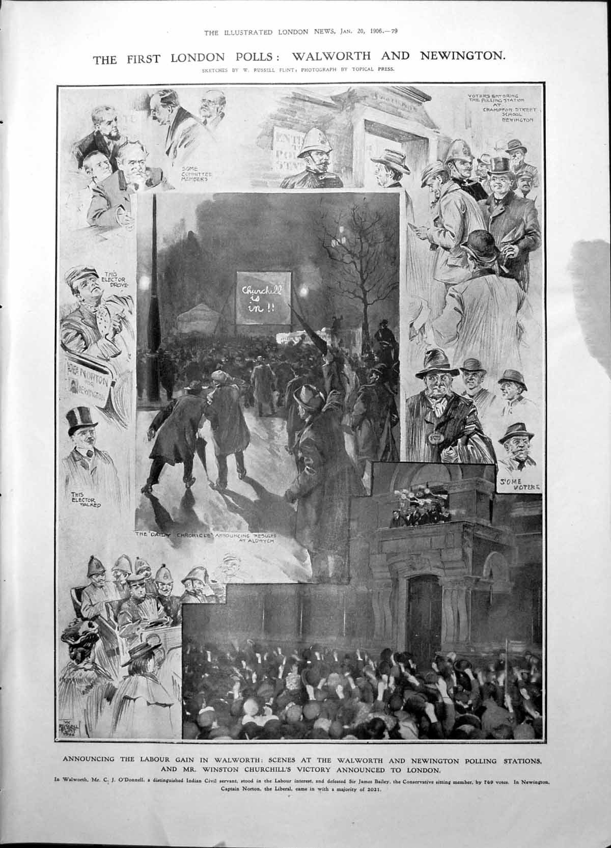 Original Old Antique Print Labour Gain Walworth Newington Polling Stations 1906