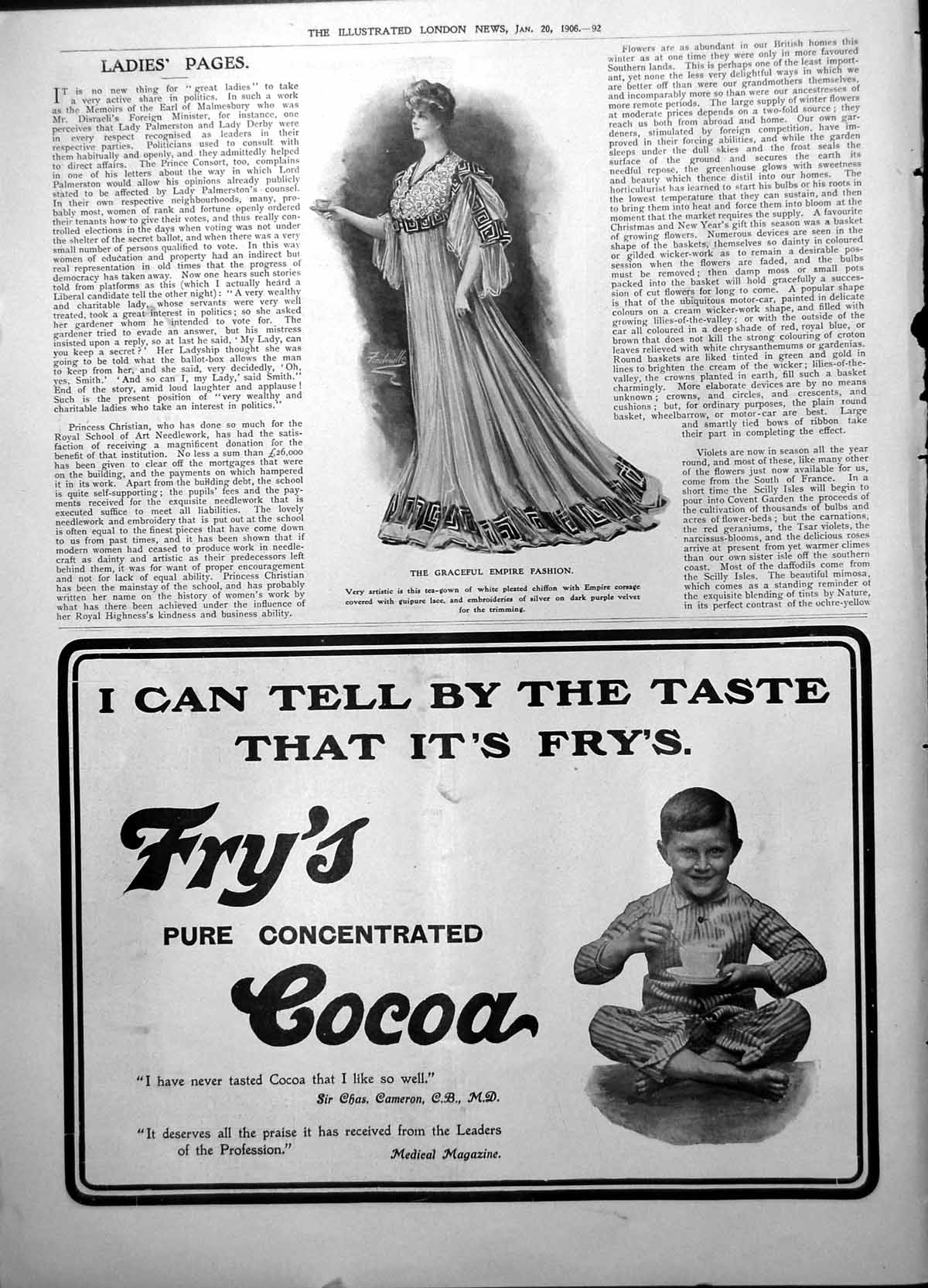 Antique Old Print Graceful Empire Tea-Gown Frys Pure Concentrated Cocoa 1906