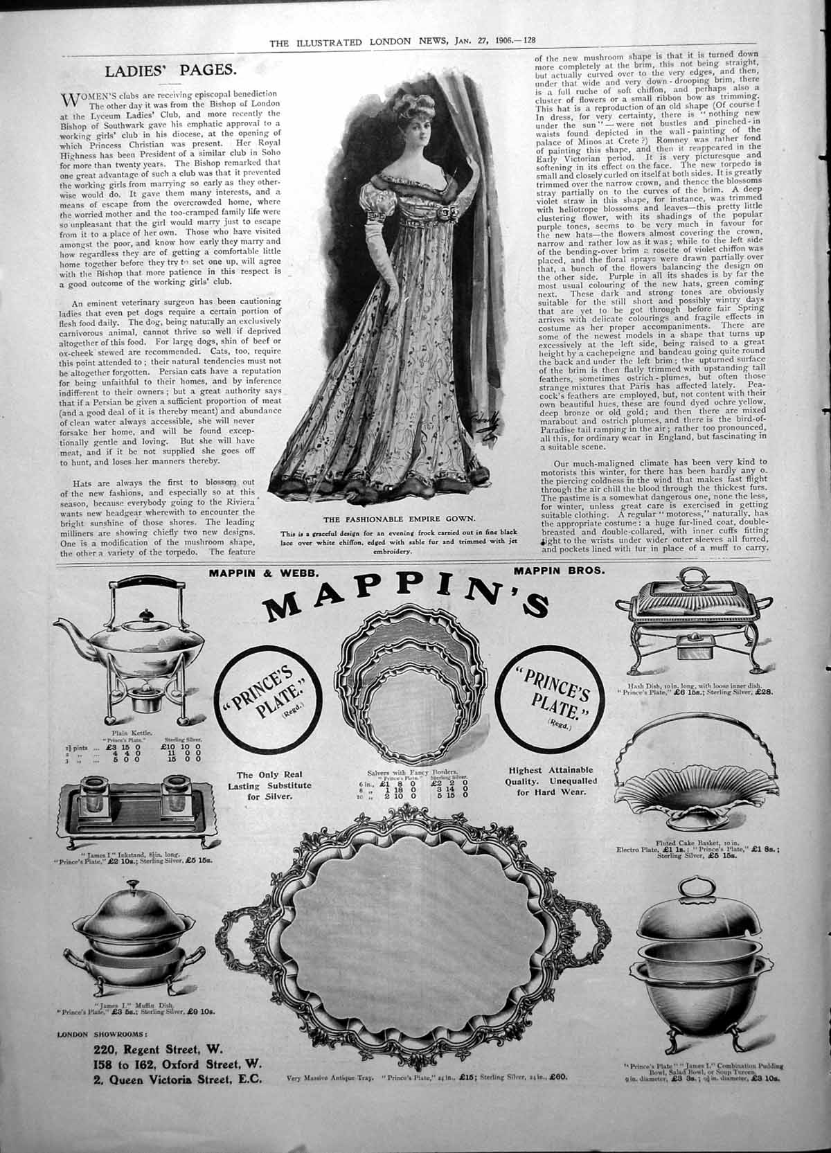 Antique Old Print Fashionable Empire Gown Mappin & Webb Princes Plate 1906 20th