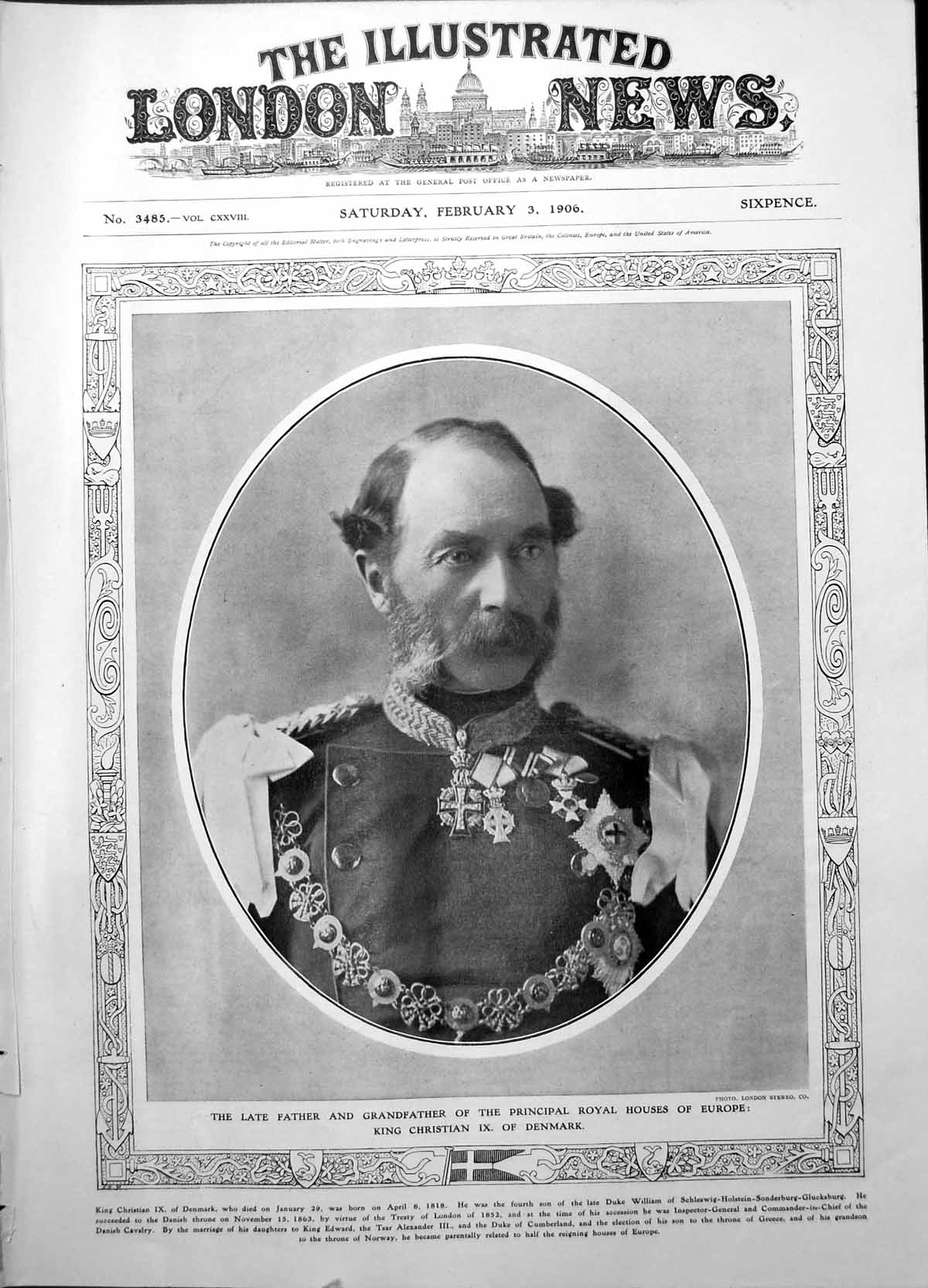 Old Print King Christian 1X Denmark Late Father Royal Houses Europe 1906
