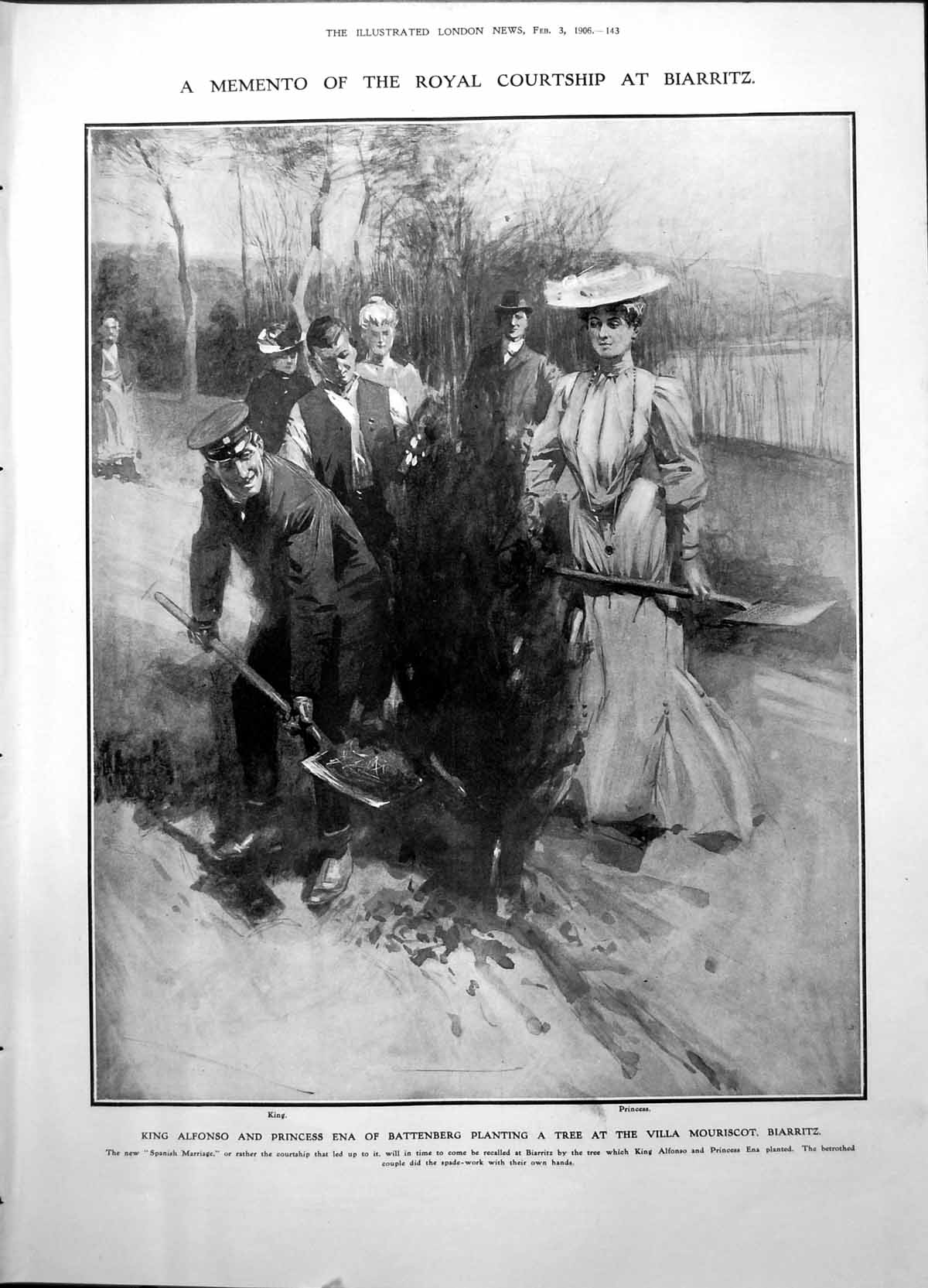 Antique Print King Alfonso Princess Ena Tree Biarritz President Castro 1906