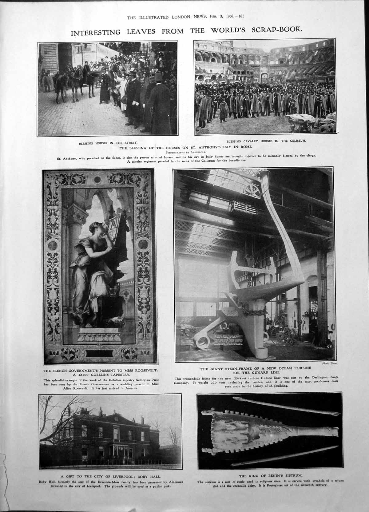 Old Print Roby Hall Liverpool Blessing Horses Rome Madame Fallieres 1906 20th