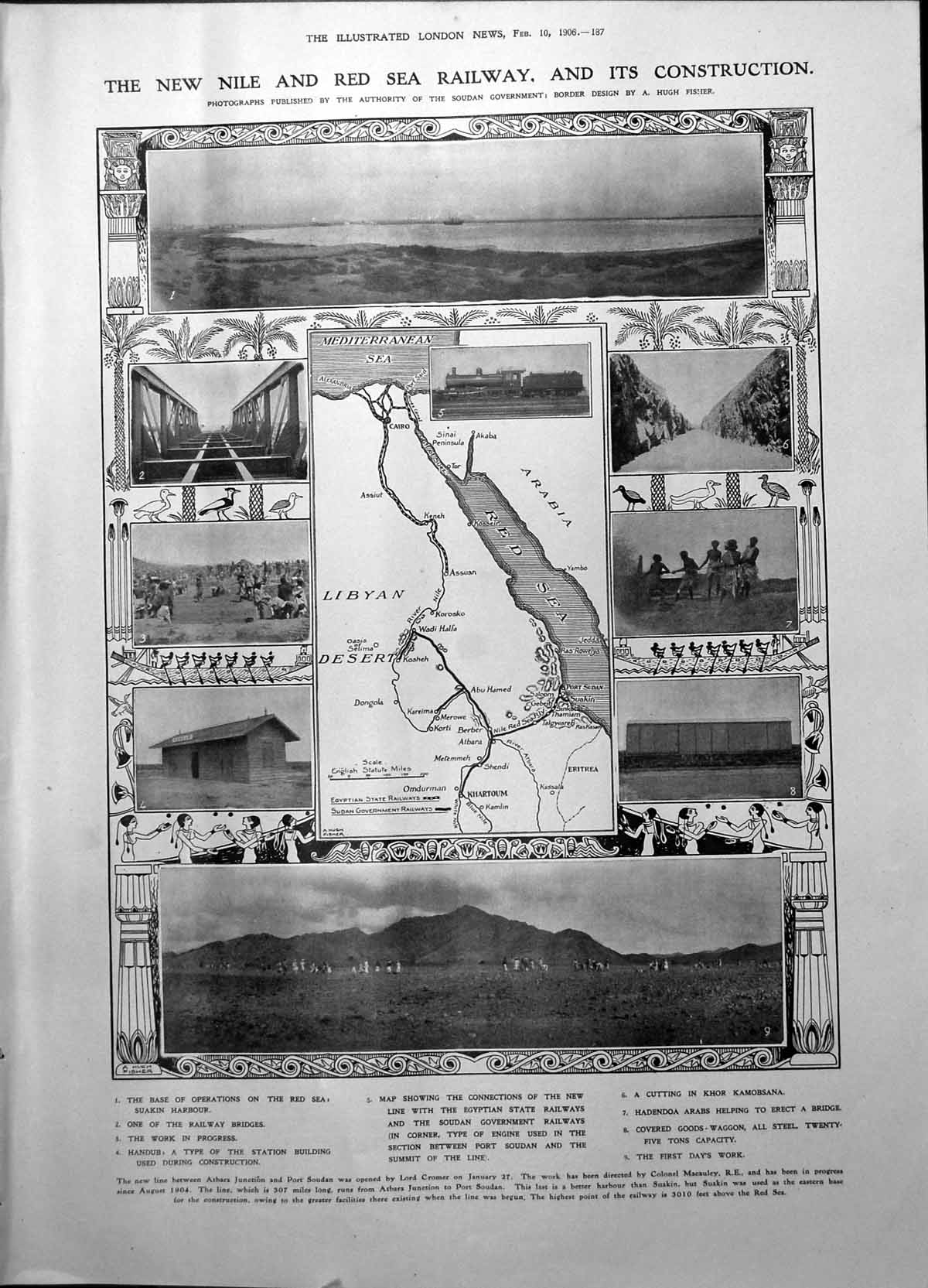 Antique Print New Nile Red Sea Railway Construction Taking Ladies Arm 1906 20th