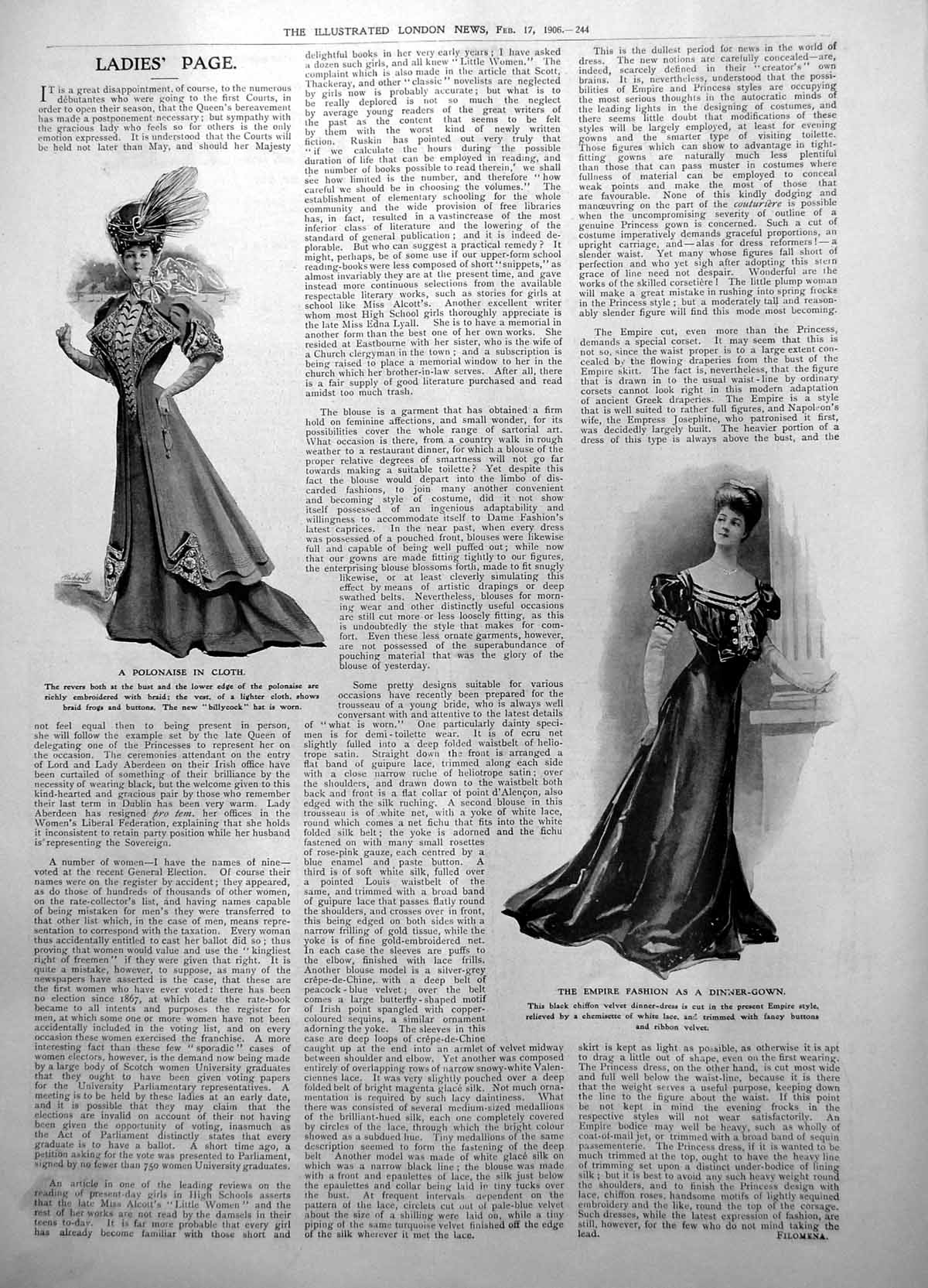 Antique Print Empire Fashion Dinner Gown Polonaise Cloth Billycock Hat 1906