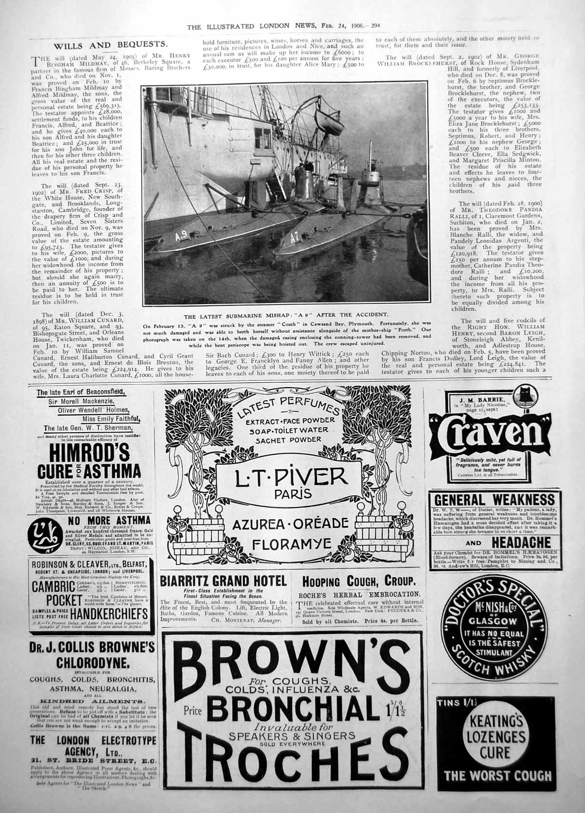 Antique Old Print A9 Submarine Struck Steamer Coath Cawsand Bay Plymouth 1906