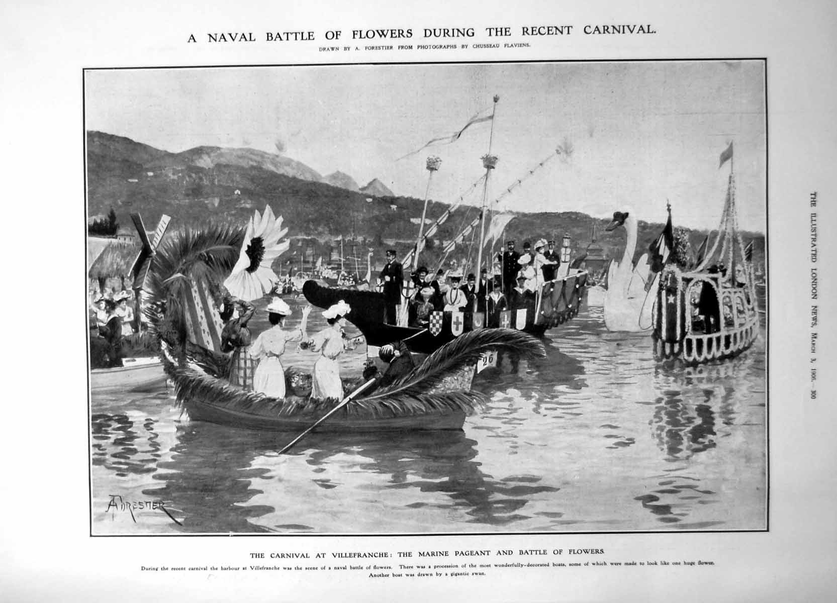Antique Old Print Carnival Villefranche Marine Pageant Battle Flowers 1906 20th