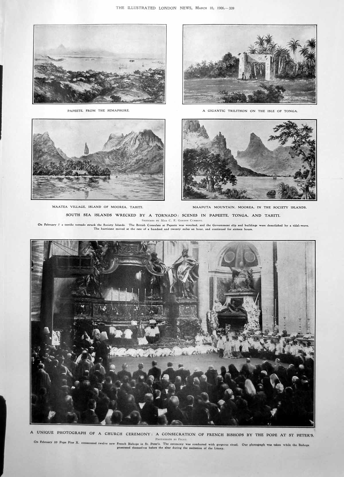 Antique Old Print South Sea Islnds Wrecked Tornado Gloucester Cathedral 1906