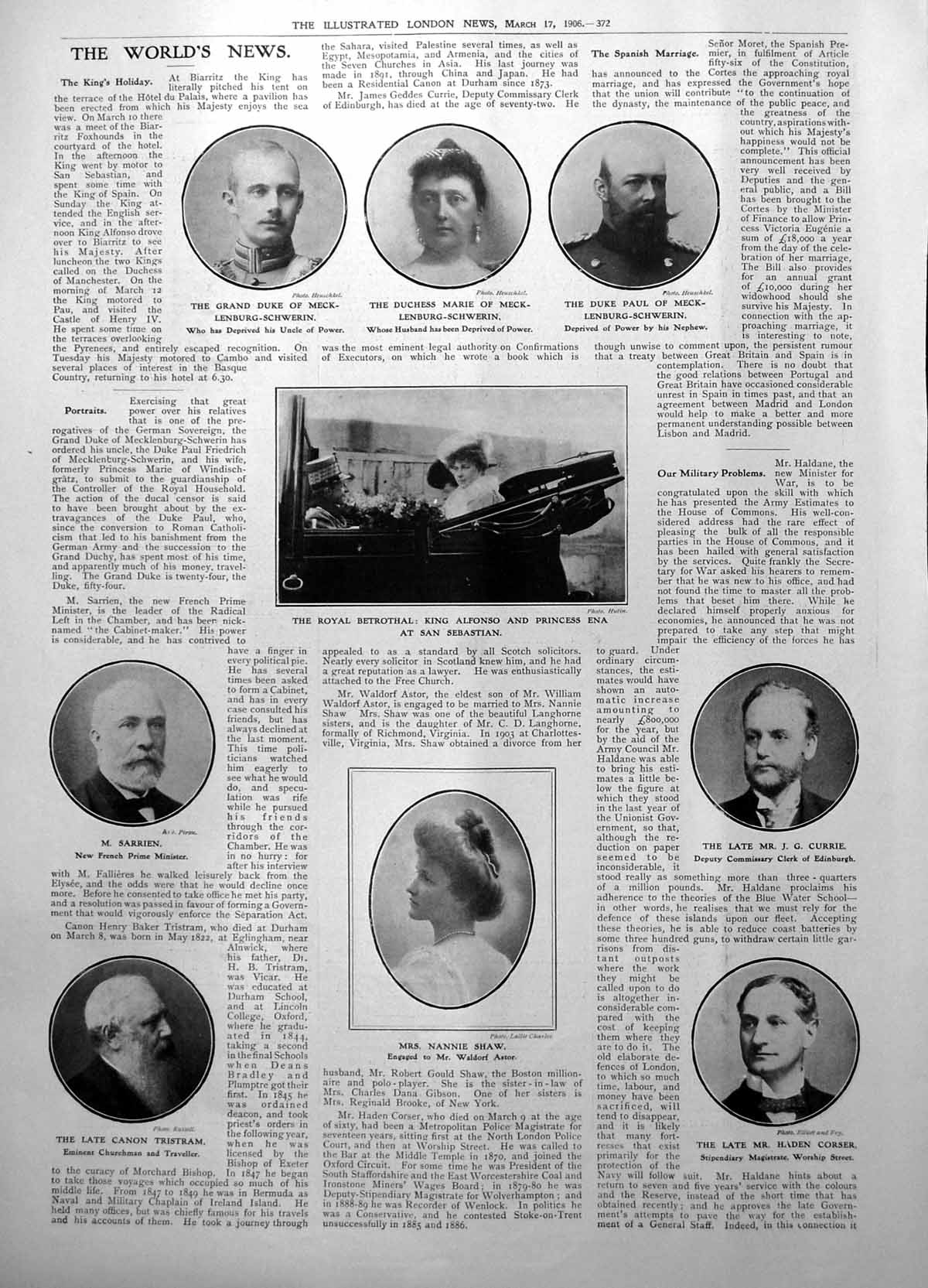Antique Print King Alfonso Princess Ena Mrs Nannie Shaw Canon Tristram 1906