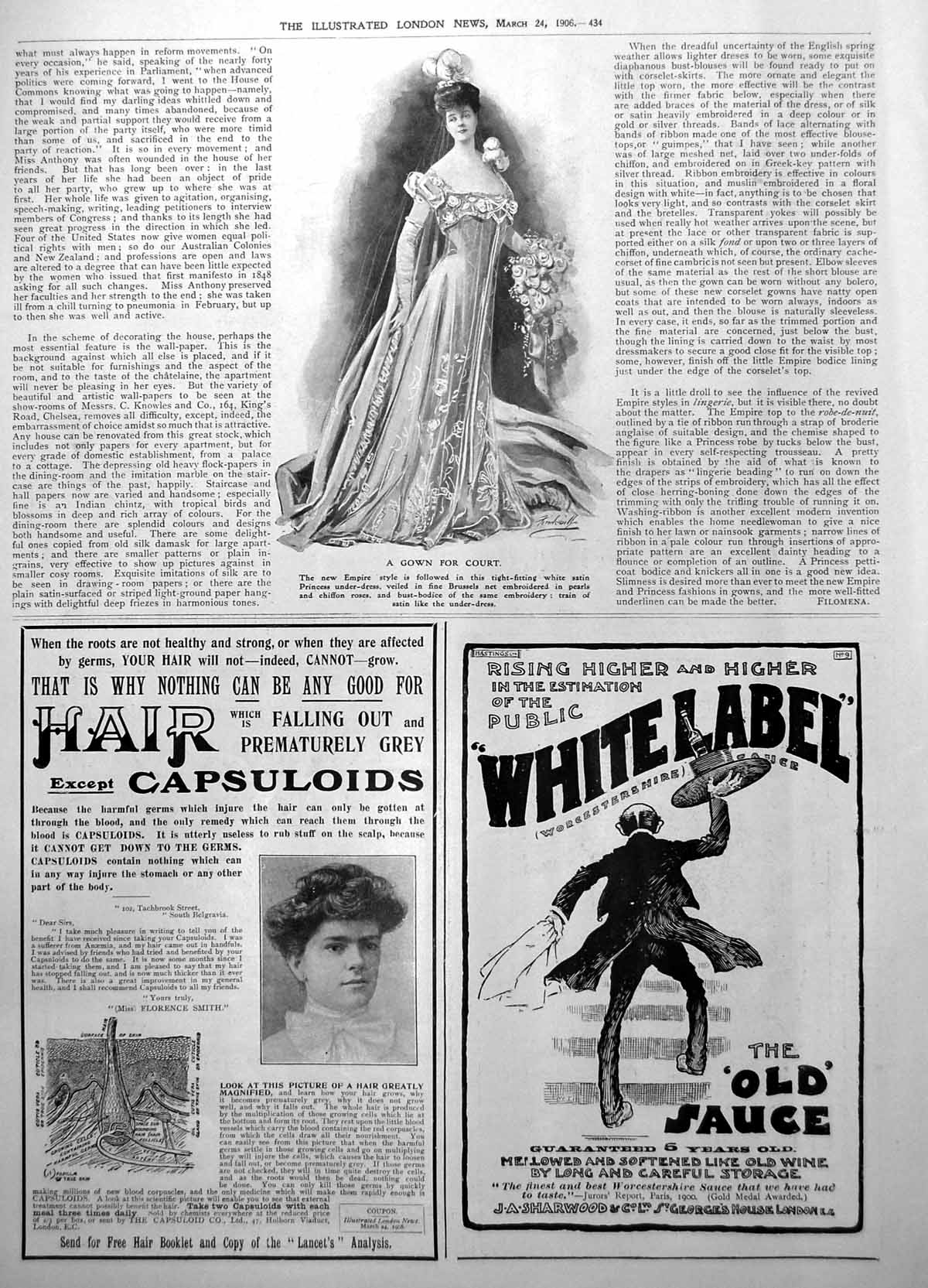 Old Print Gown Court Empire Style Capsuloids Hair White Label Sauce 1906 20th