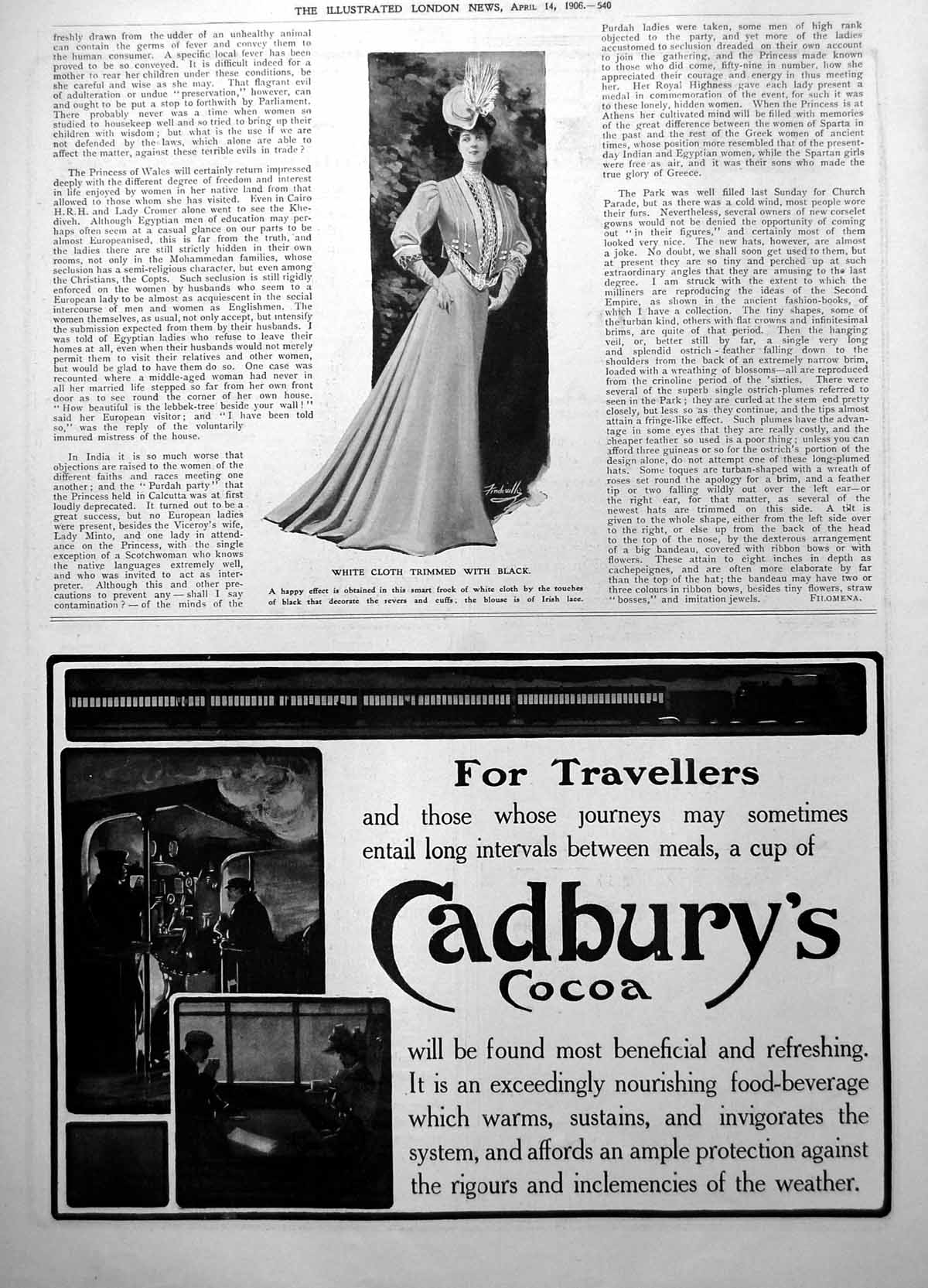Old Print White Cloth Frock Trimmed Black Cadburys Cocoa Travellers 1906 20th