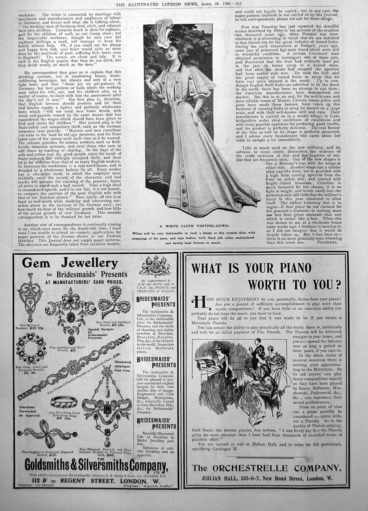 Old Antique Print White Cloth Visiting Gown Orchestrelle Co Pianos 1906 20th