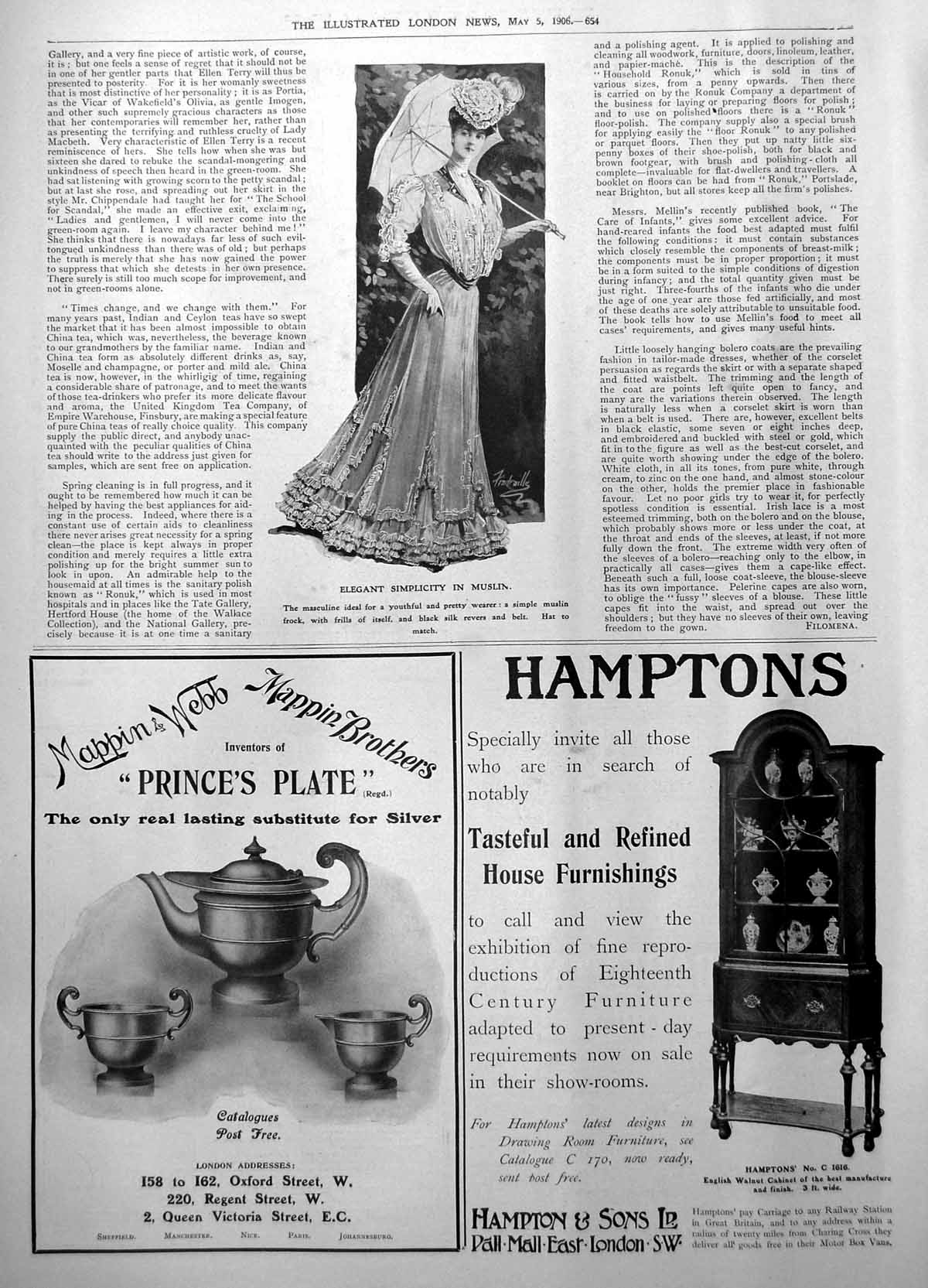 Original Old Antique Print Elegant Muslin Frock Hamptons House Furnishings 1906