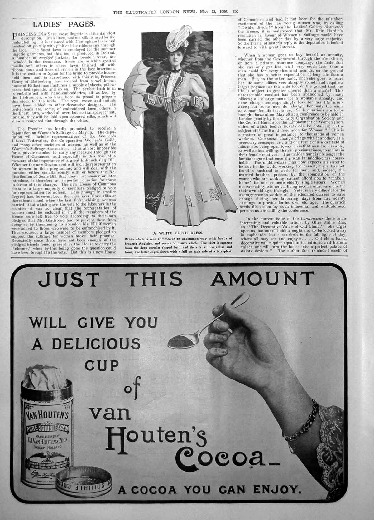Old Print White Cloth Dress Van Houtens Cocoa Spoonful Delicious Cup 1906 20th