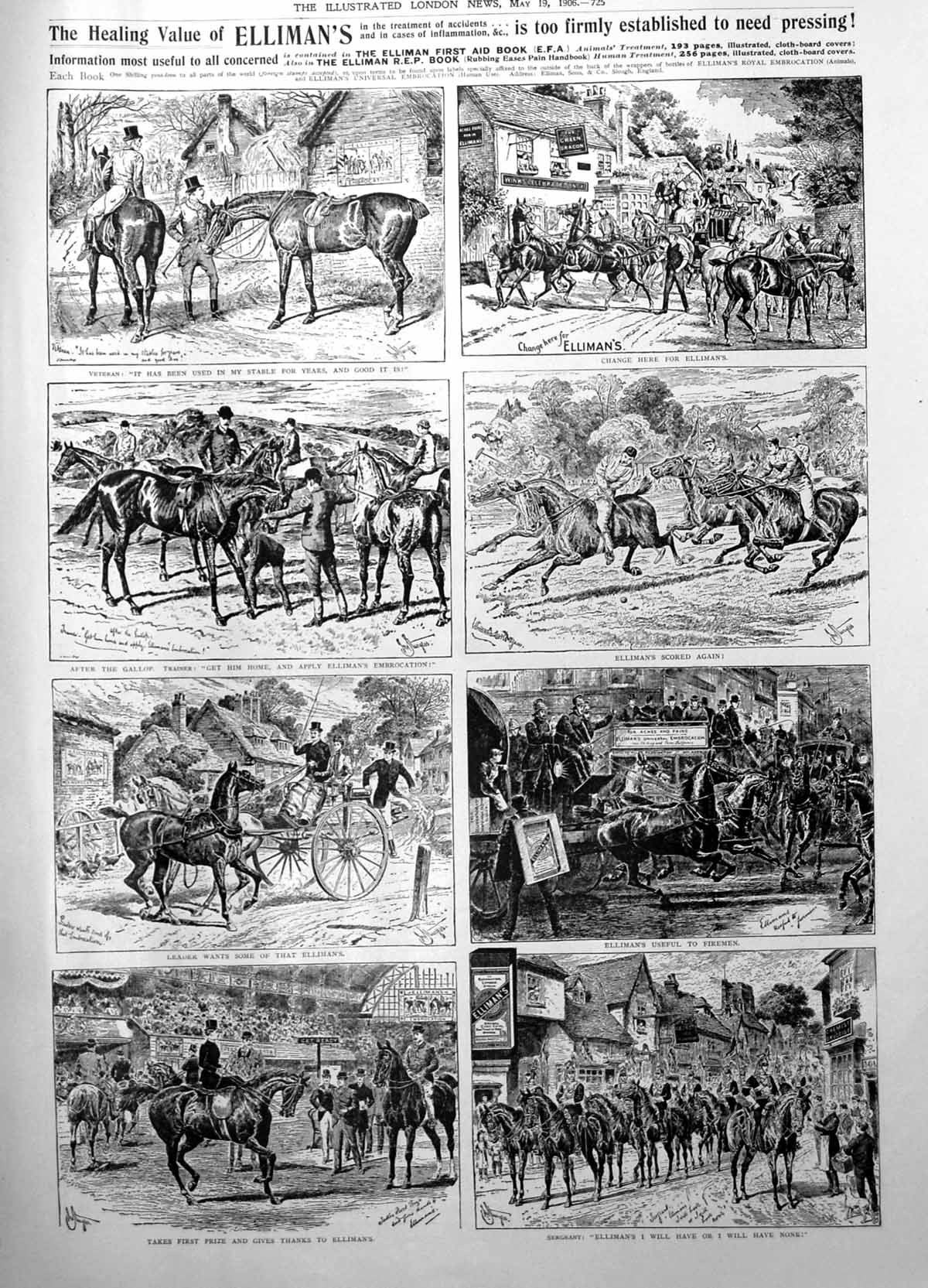 Old Print Healing Values Ellimans Embrocation Clevedon House Thames 1906 20th