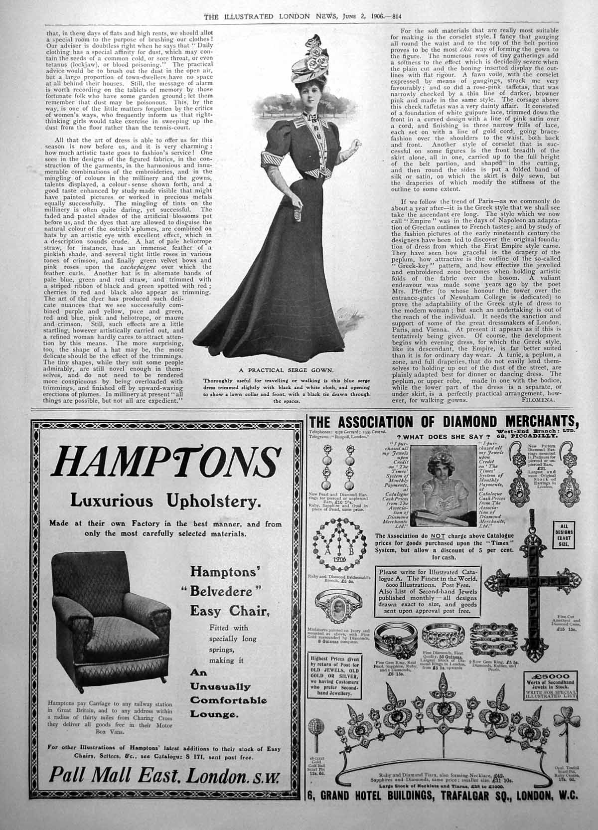 Old Antique Print Practical Serge Gown Hamptons Luxurious Upholstery 1906 20th