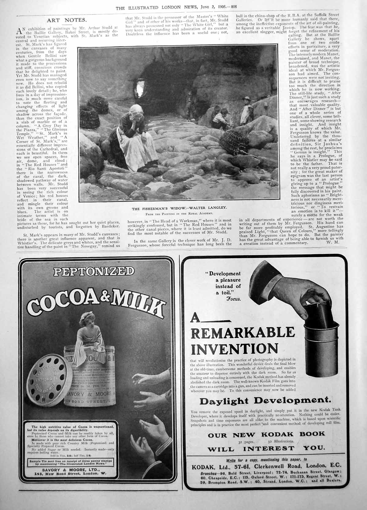 Old Print Fishermans Widow Walter Langley Savory & Moore Cocoa Milk 1906 20th