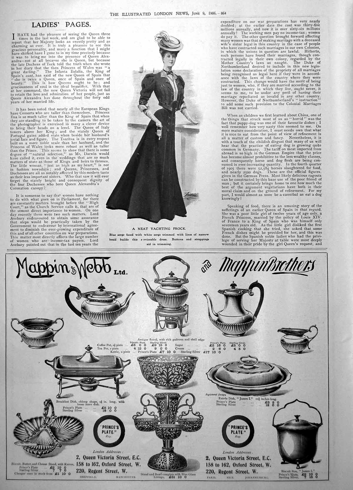 Antique Print Neat Yachting Dress Mappin & Webb Biscuit Box Coffee Pot 1906