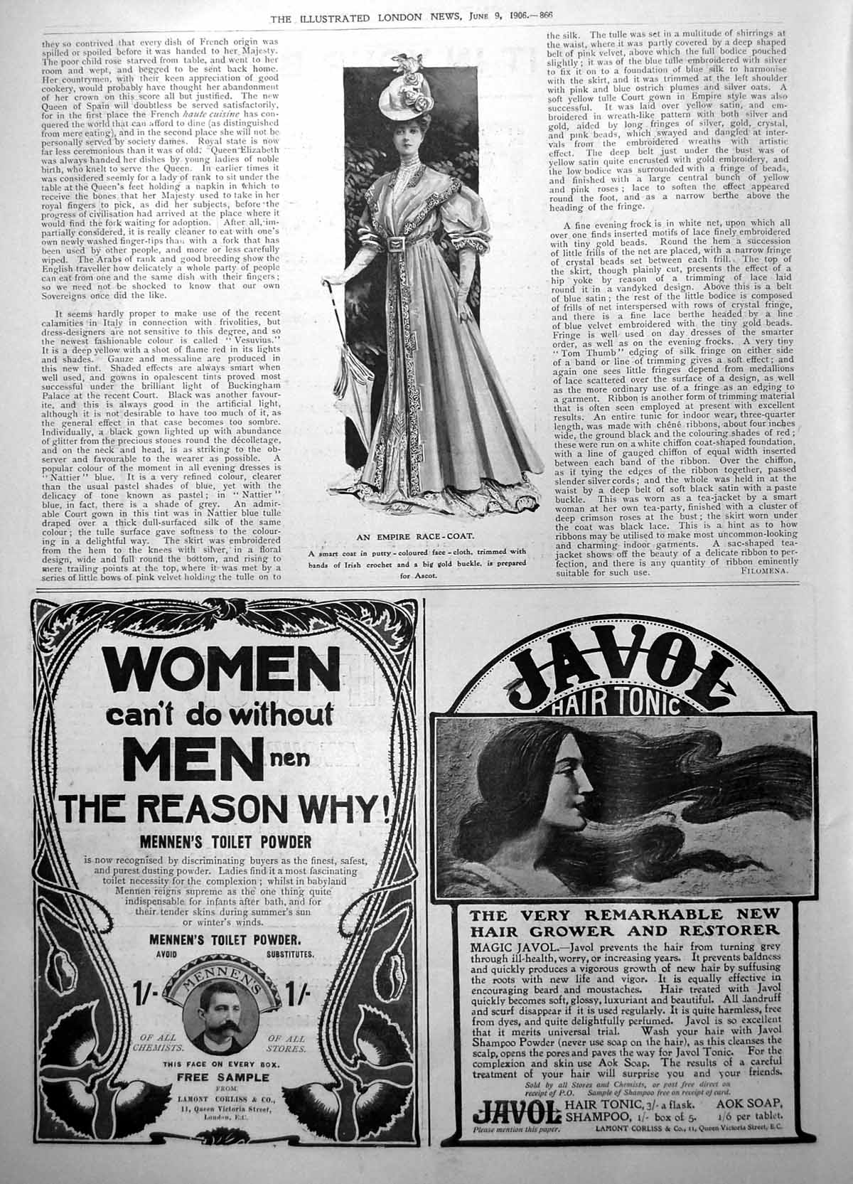 Antique Print Empire Race Coat Mennens Toilet Powder Javol Hair Tonic 1906 20th
