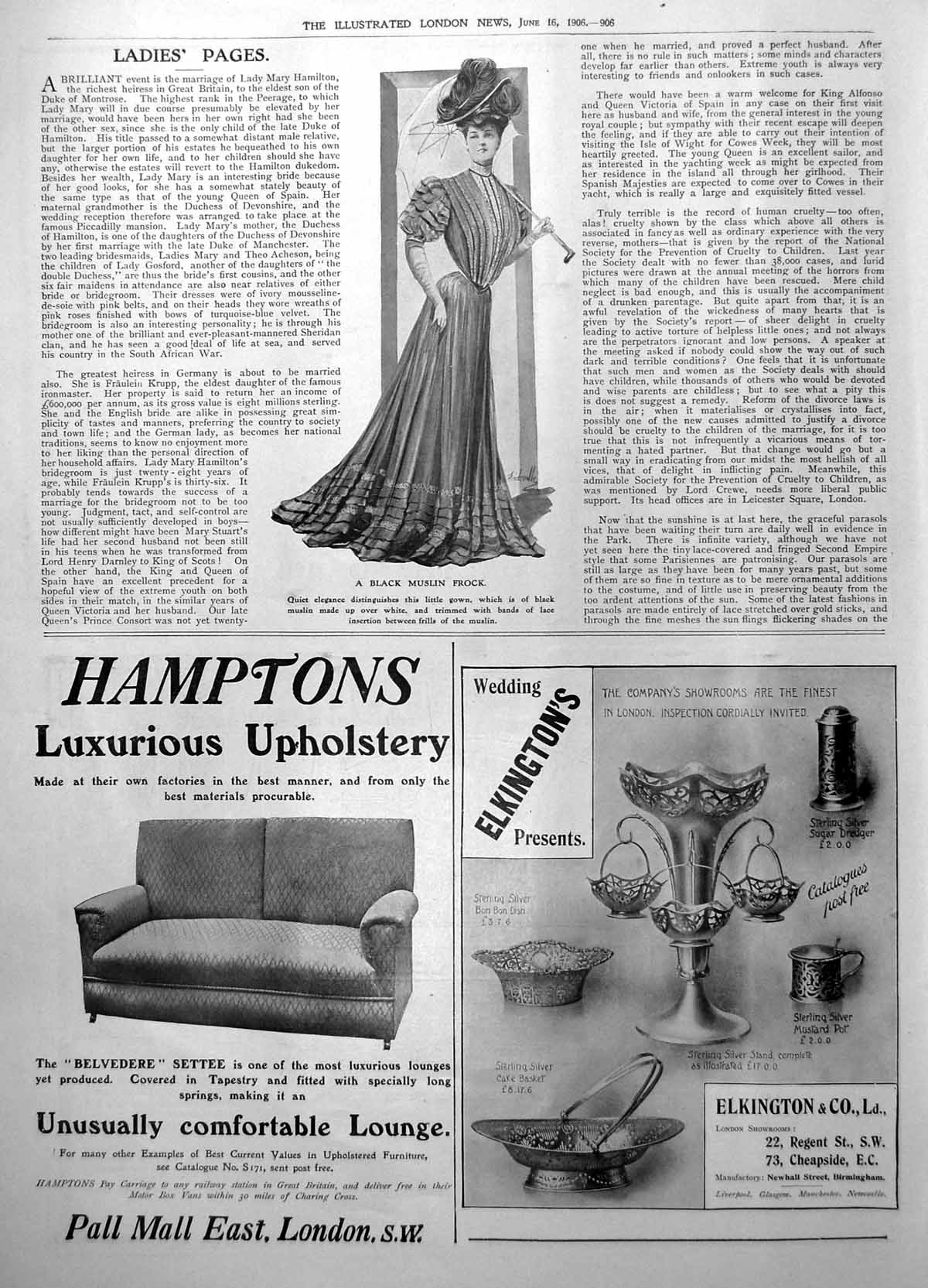 Antique Print Black Muslin Frock Hamptons Upholstery Elkingtons Silver 1906