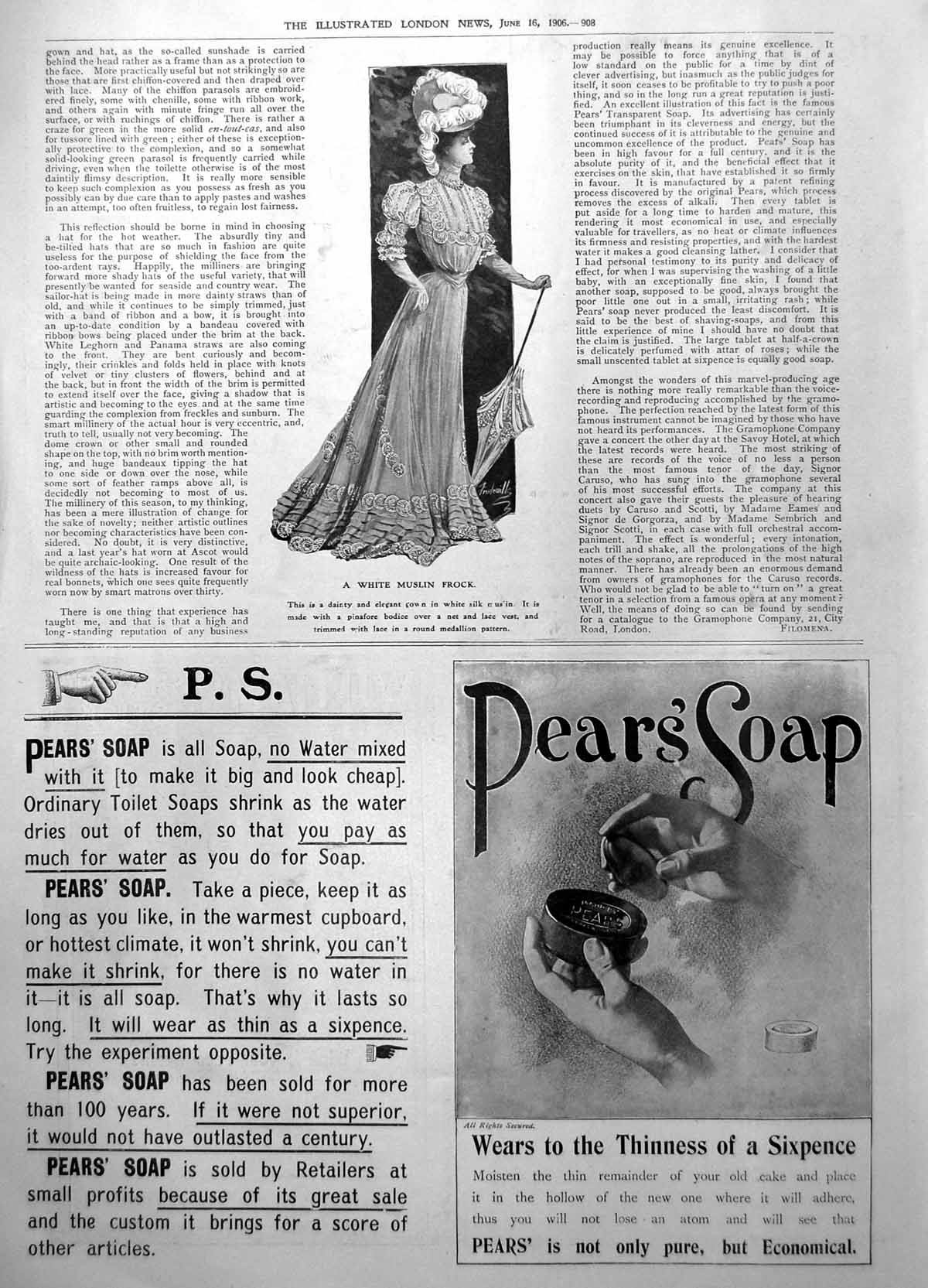 Antique Old Print White Muslin Frock Pears Soap Wears Thinness Sixpence 1906