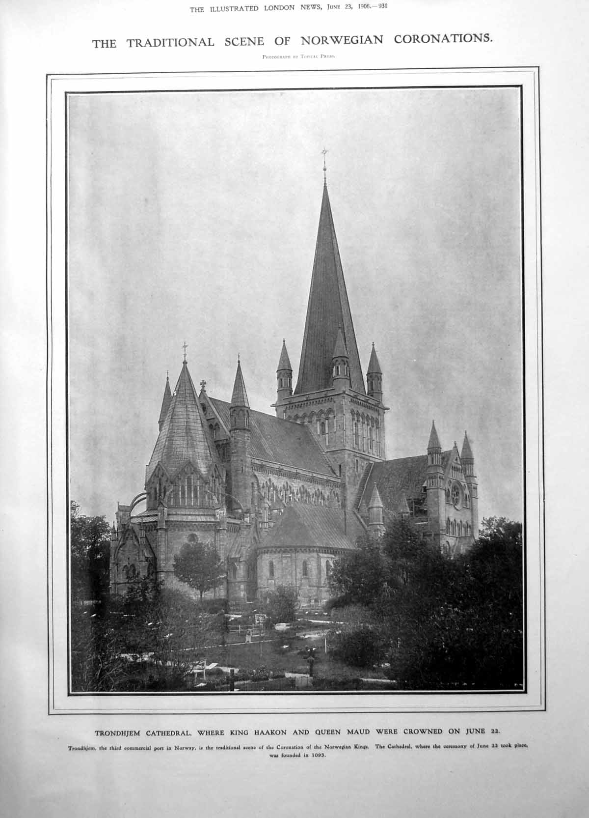 Old Print Trondhjem Cathedral Norway King Haakon Queen Maud Crowned 1906 20th
