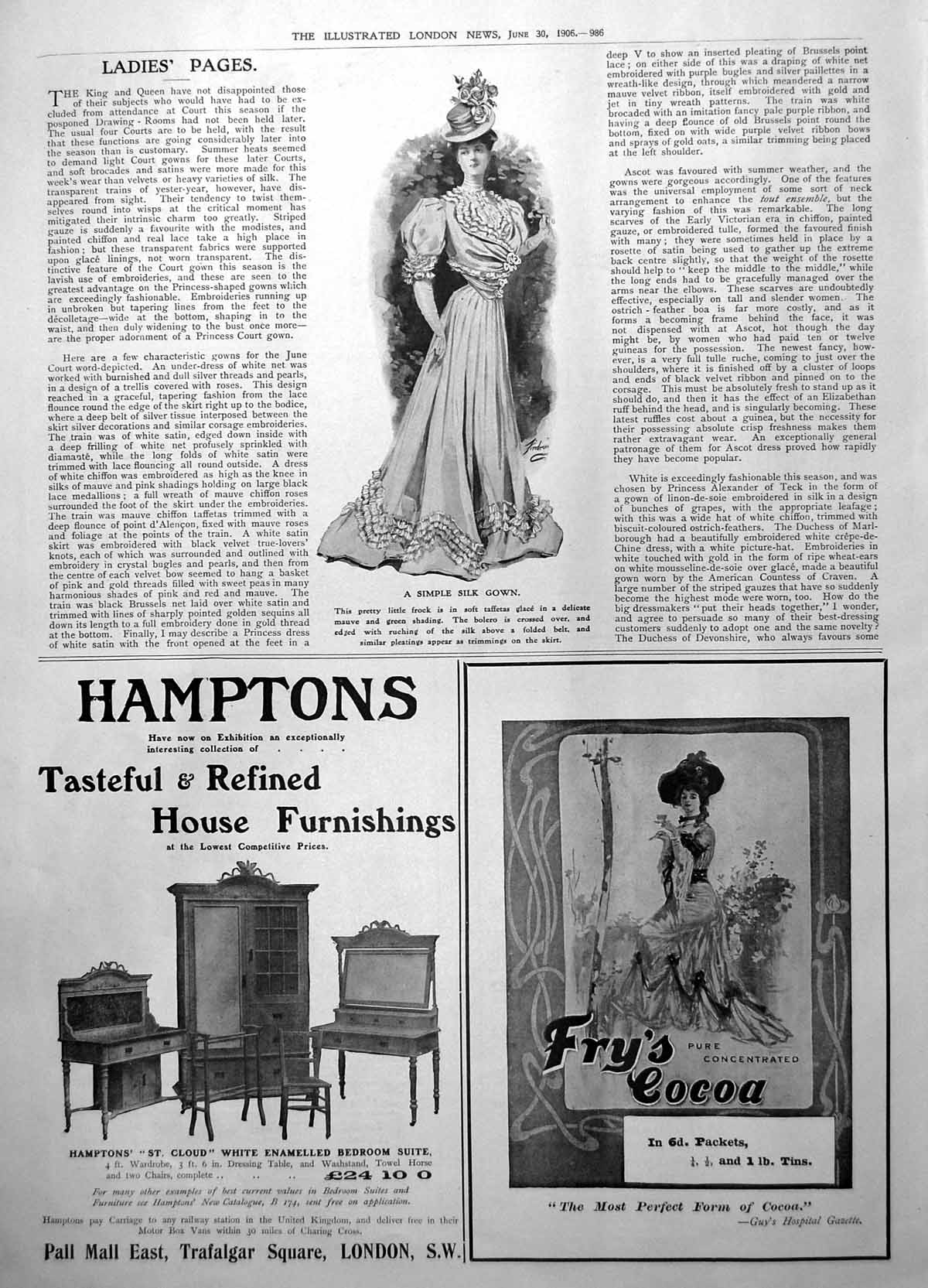 Antique Old Print Simple Silk Gown Hamptons House Furnishings Frys Cocoa 1906