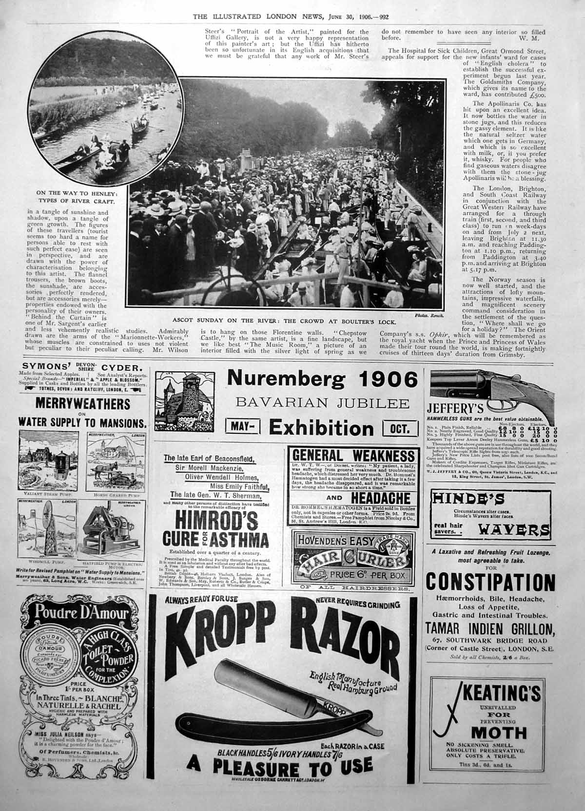 Old Print Ascot Sunday River Crowd Boulters Lock River Craft Henley 1906 20th