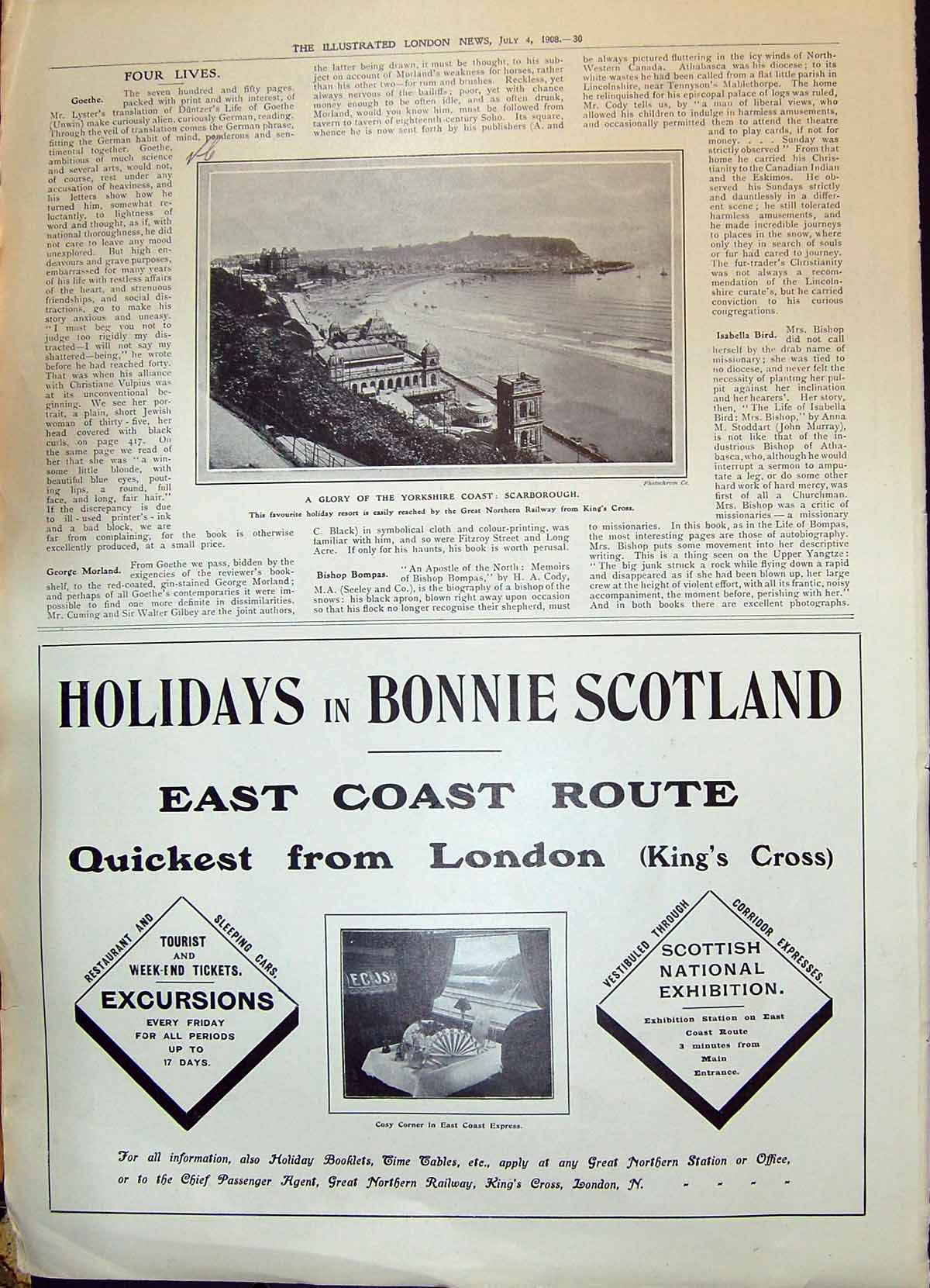 Antique Print 1908 View Scarborough Yorkshire Great Northern Railway Train 20th