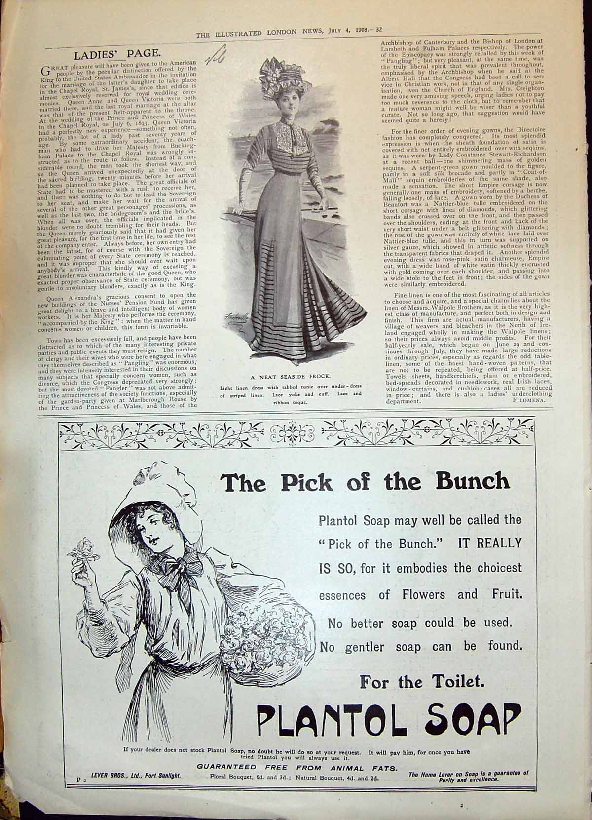 Antique Print 1908 Ladies Fashion Seaside Frock Plantol Soap Lever Brothers