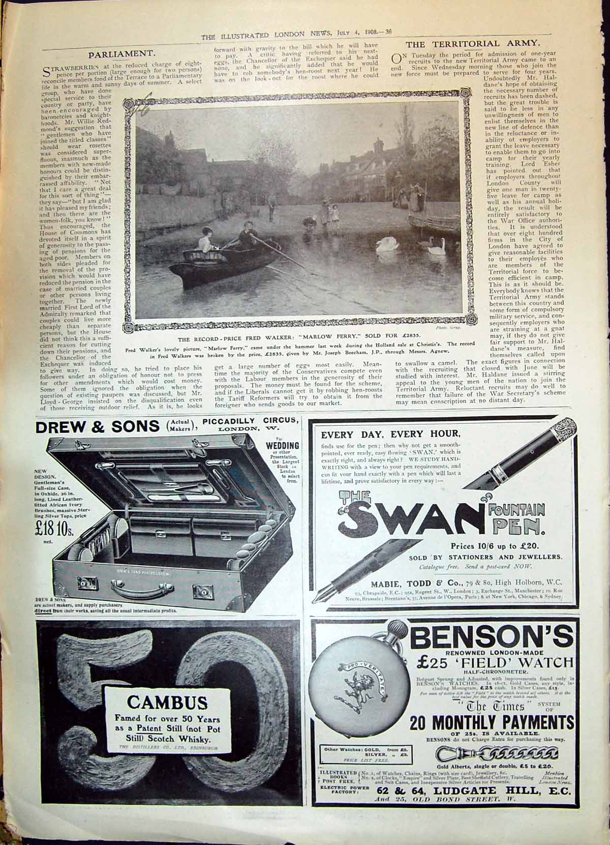 Old 1908 Fred Walker Marlow Ferry Swan Pen Drew Bensons Cambus Watch 20th