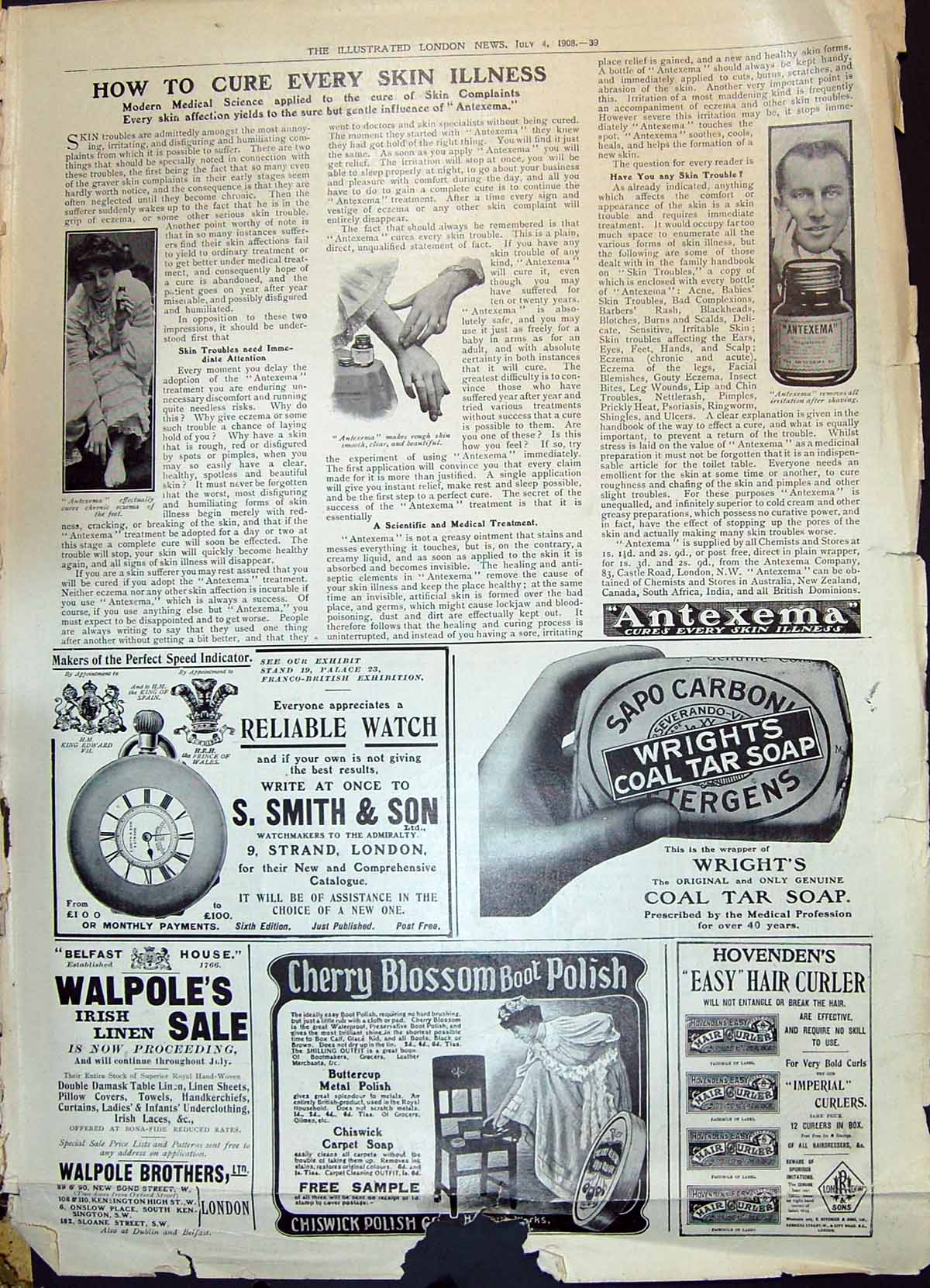 Old Print 1908 Antexema Skin Illness Smith Watch Wright'S Tar Soap Polish 20th