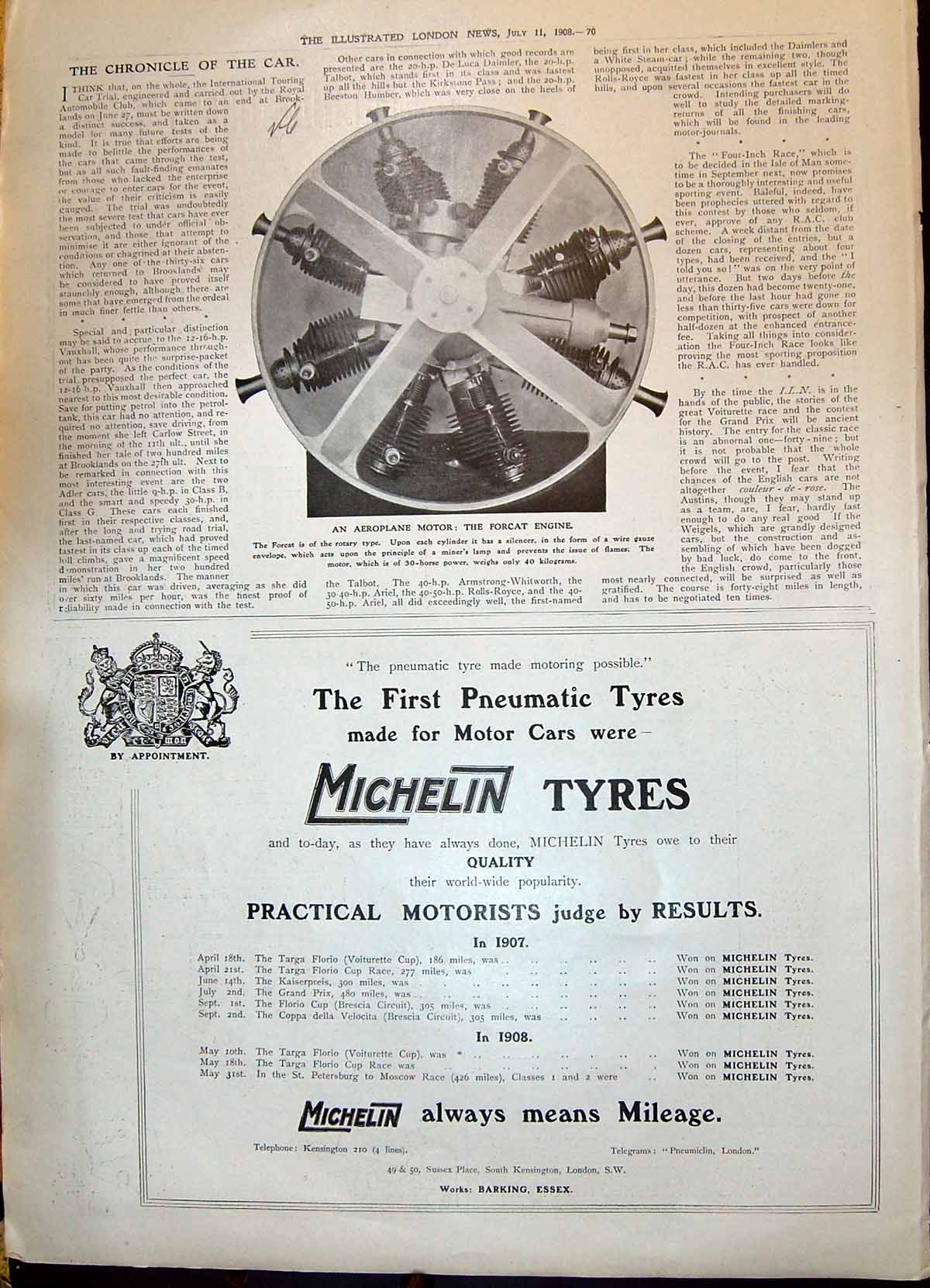 Old Print 1908 Aeroplane Motor Forcat Engine Michelin Tyres Barking Essex 20th