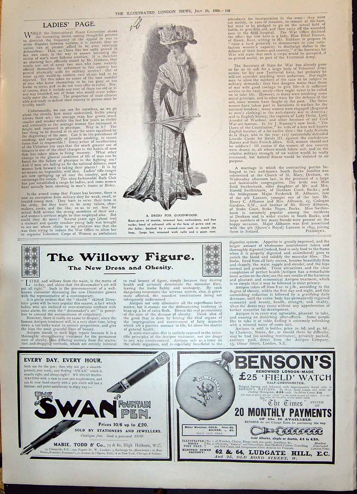 Old 1908 Ladies Fashion Muslin Dress Goodwood Swan Pen Bensons Watch 20th