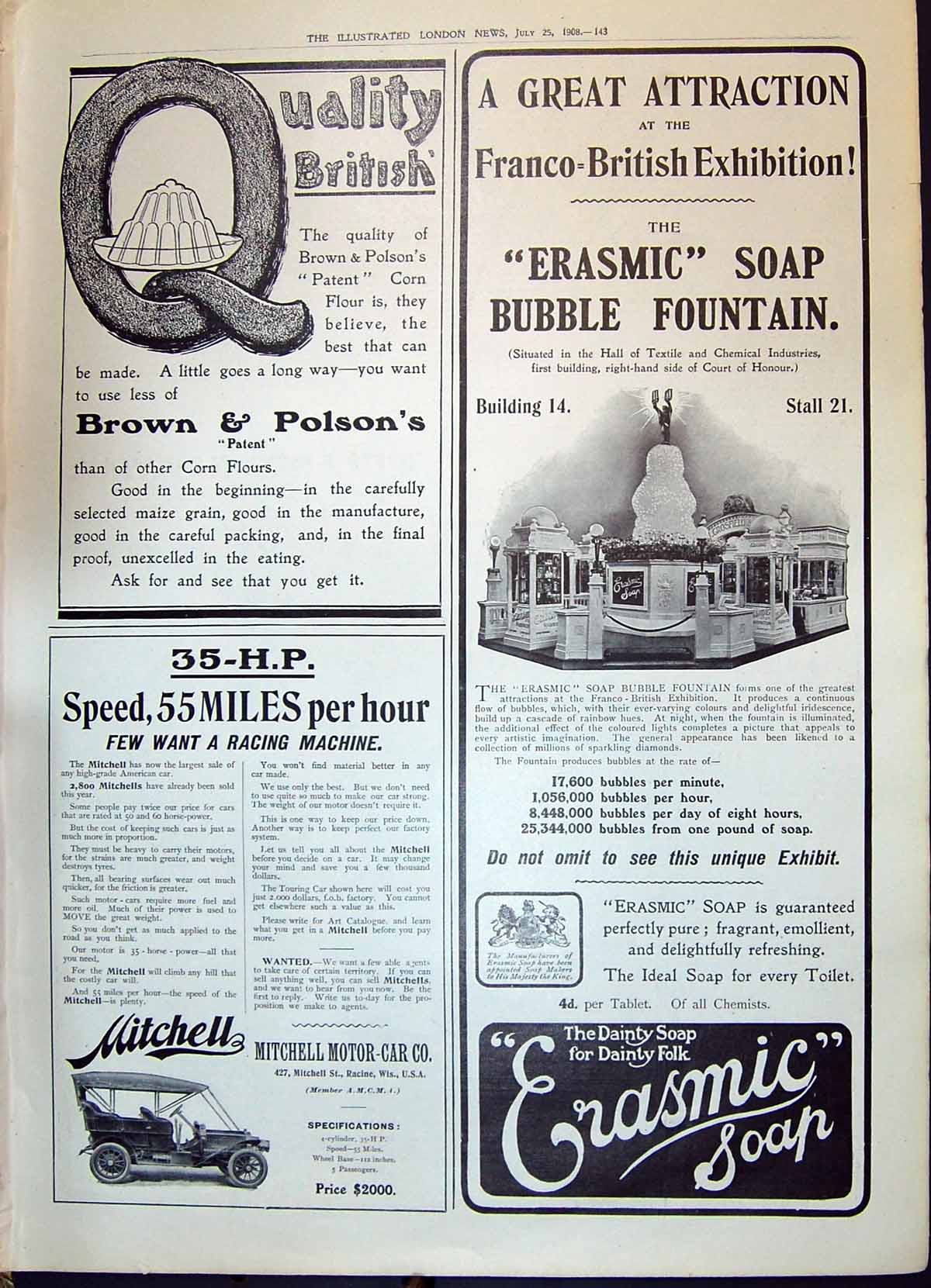 Old Print 1908 Advertisement Brown Polson Erasmic Soap Mitchell Motor Car 20th