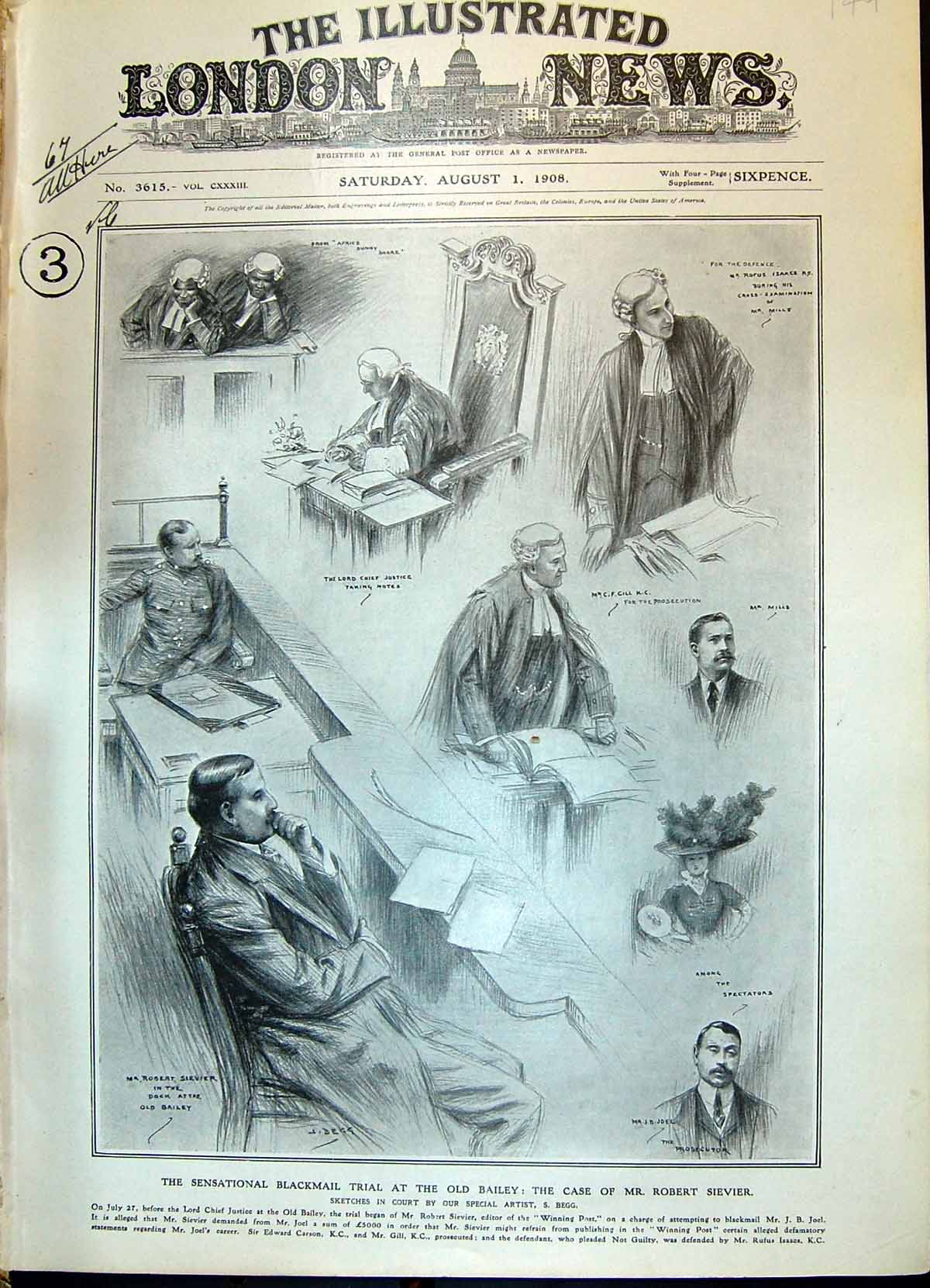Antique Print 1908 Blackmail Trial Bailey Court Robert Sievier Gill Isaacs 20th