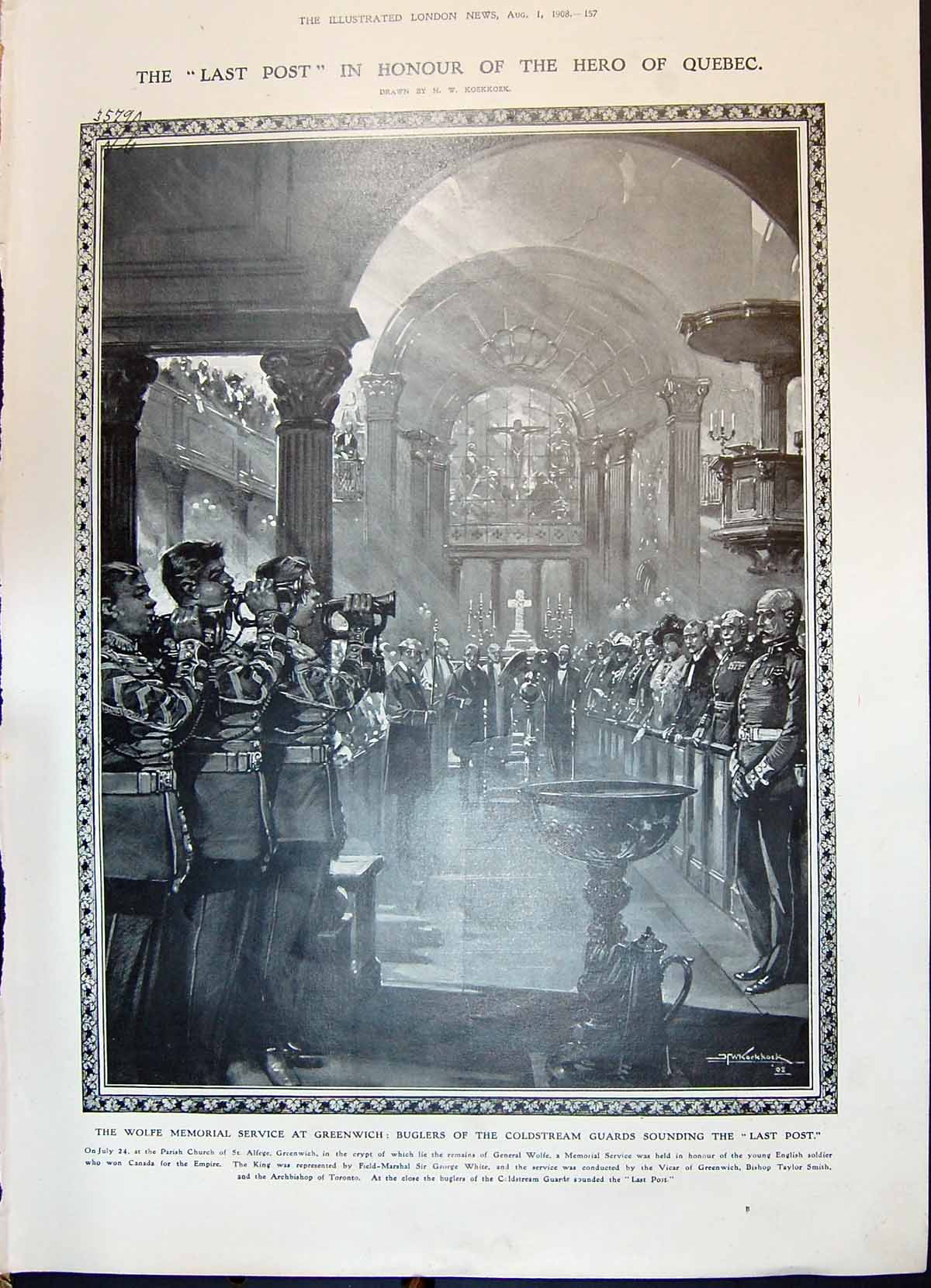 Old Print 1908 Wolfe Memorial Greenwich Cstream Guards Alfege Theatre Va 20th