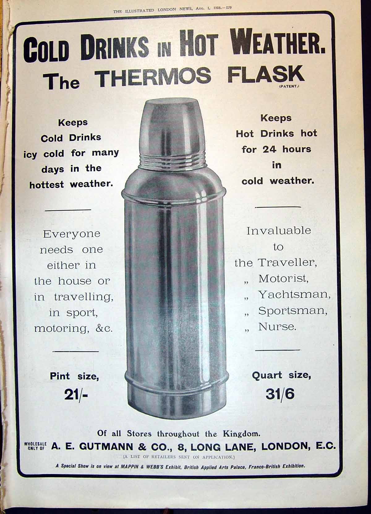 Antique Old Print 1908 Advertisement Gutmann Thermos Flask Long Lane London
