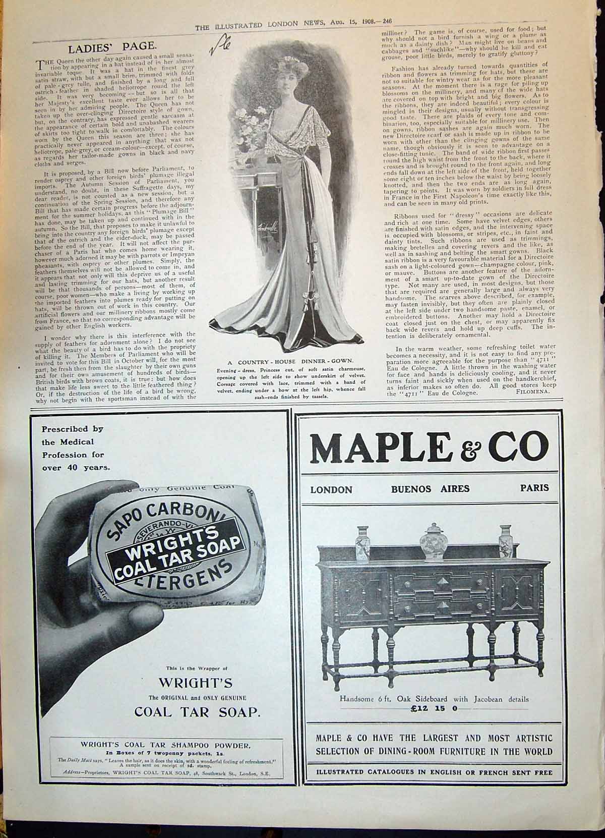 Old 1908 Ladies Fashion Gown Maple Furniture Wrights Soap Scrubbs Amm 20th