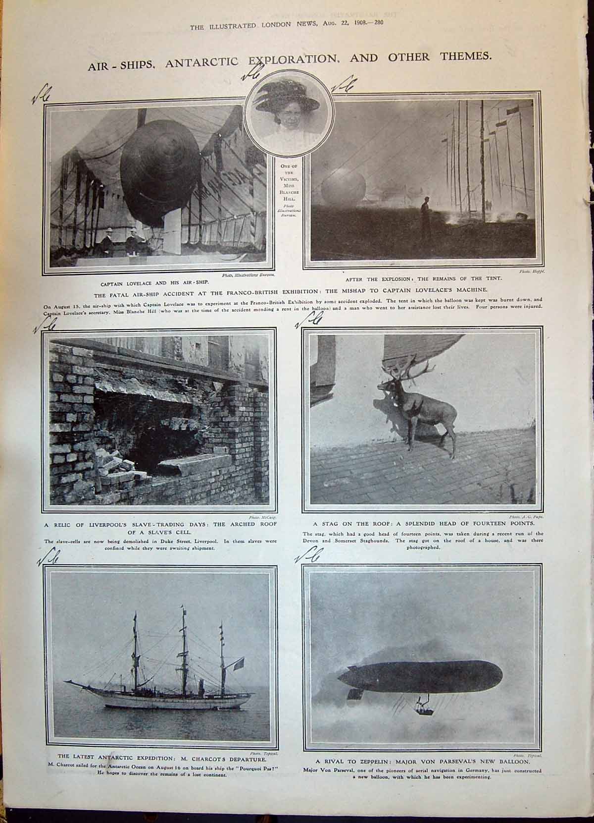 Old 1908 Air-Ships Antarctic Lovelace Charcot Parseval Balloon Cave M 20th