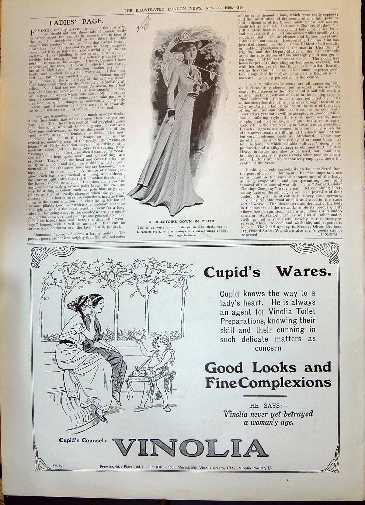 Old Print 1908 Ladies Fashion Directoire Gown Cloth Vinolia Powder Cream 20th