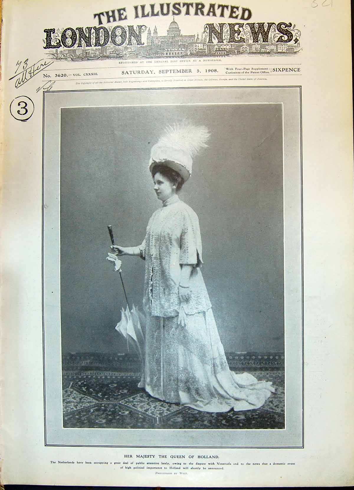 Old Print 1908 Portrait Her Majesty Queen Holland Beautiful Lady Royalty 20th