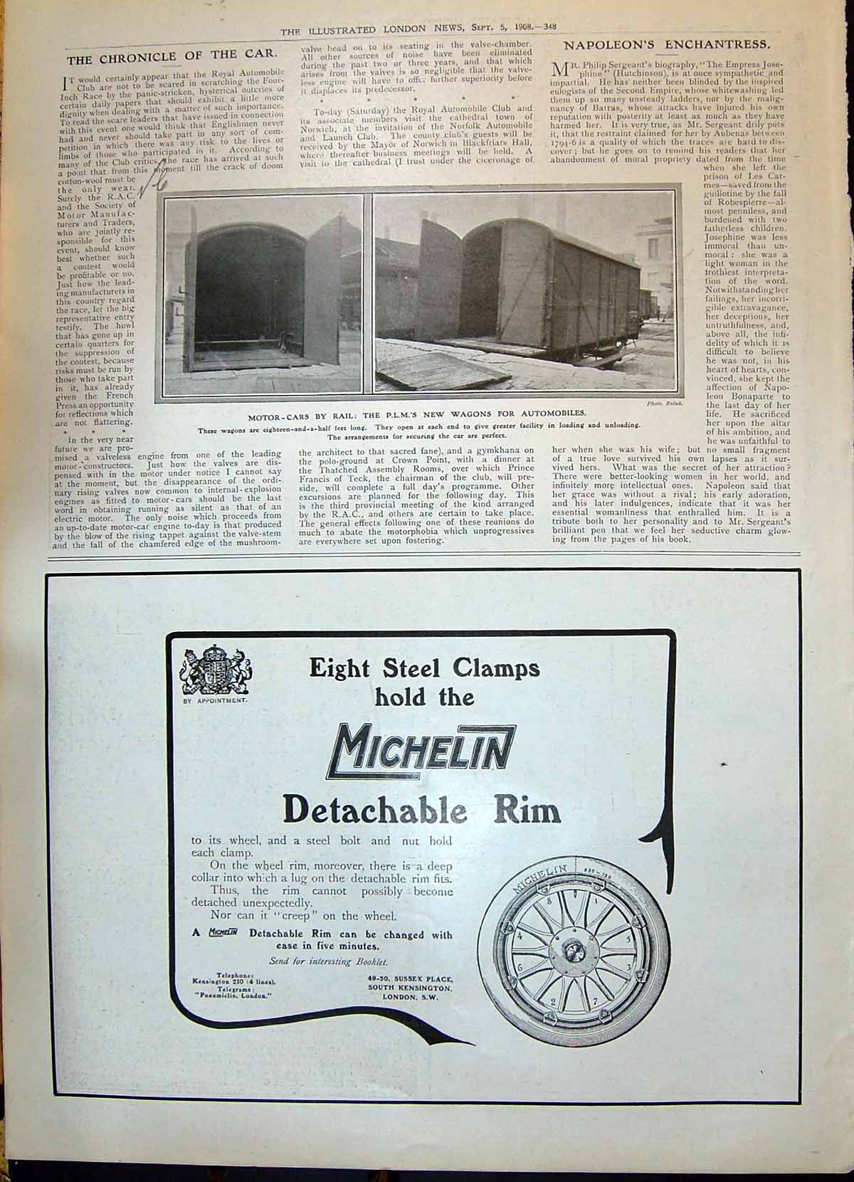 Old 1908 Motor Cars P.L.M. Railway Wagons Advertisement Michelin Tyre 20th