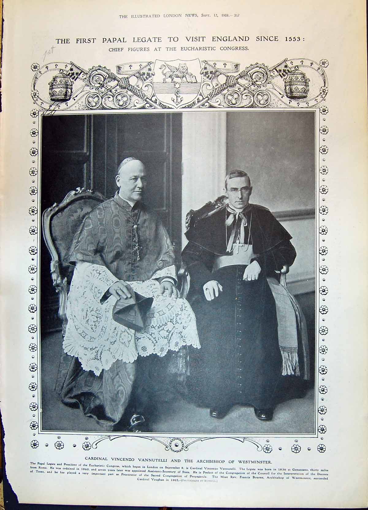 Old 1908 Cardinal Vincenzo Vannutelli Archbishop Westminster Balding 20th