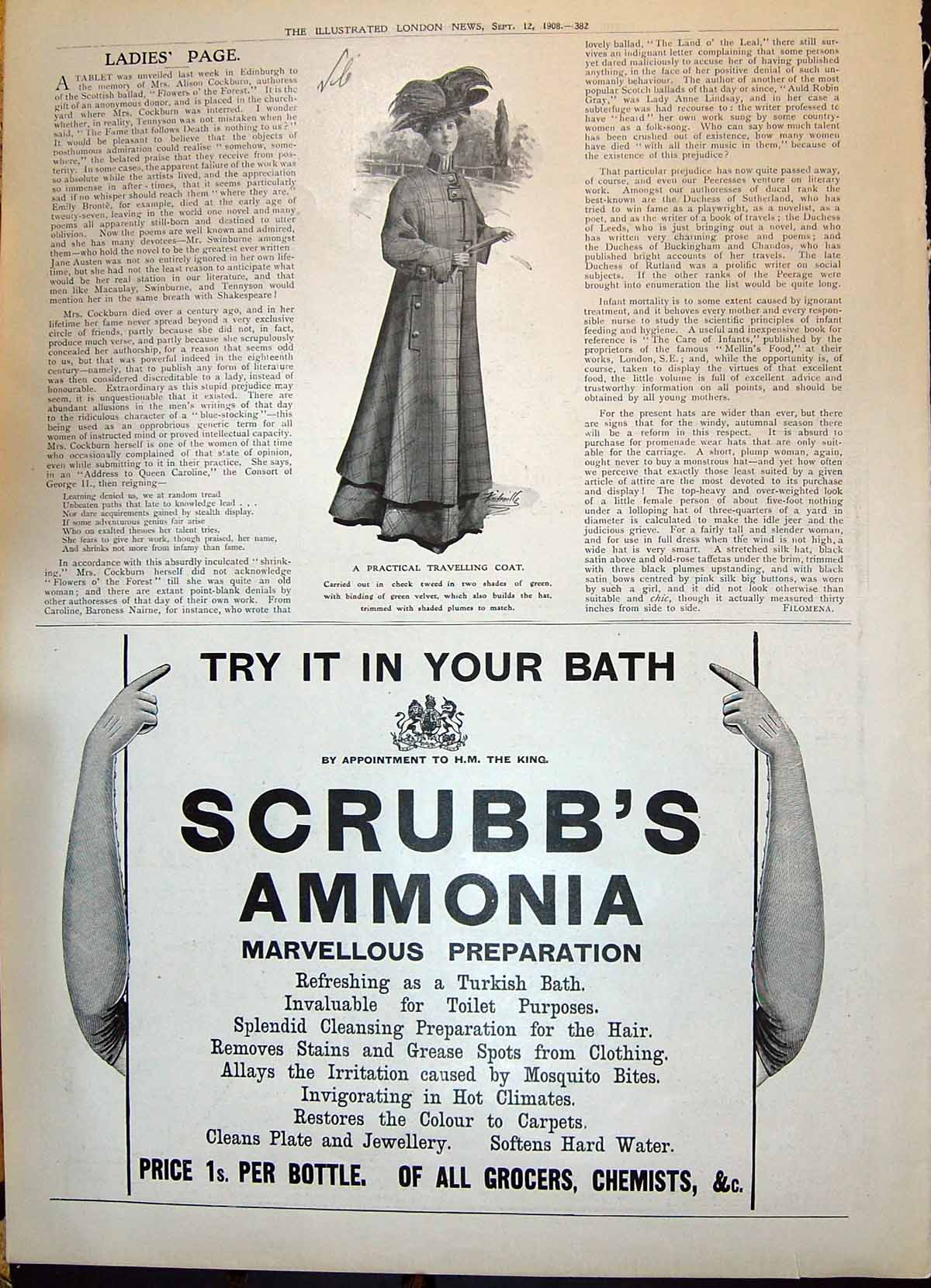 Old 1908 Ladies Fashion Travelling Coat Advertisement Scrubb'S Ammoni 20th