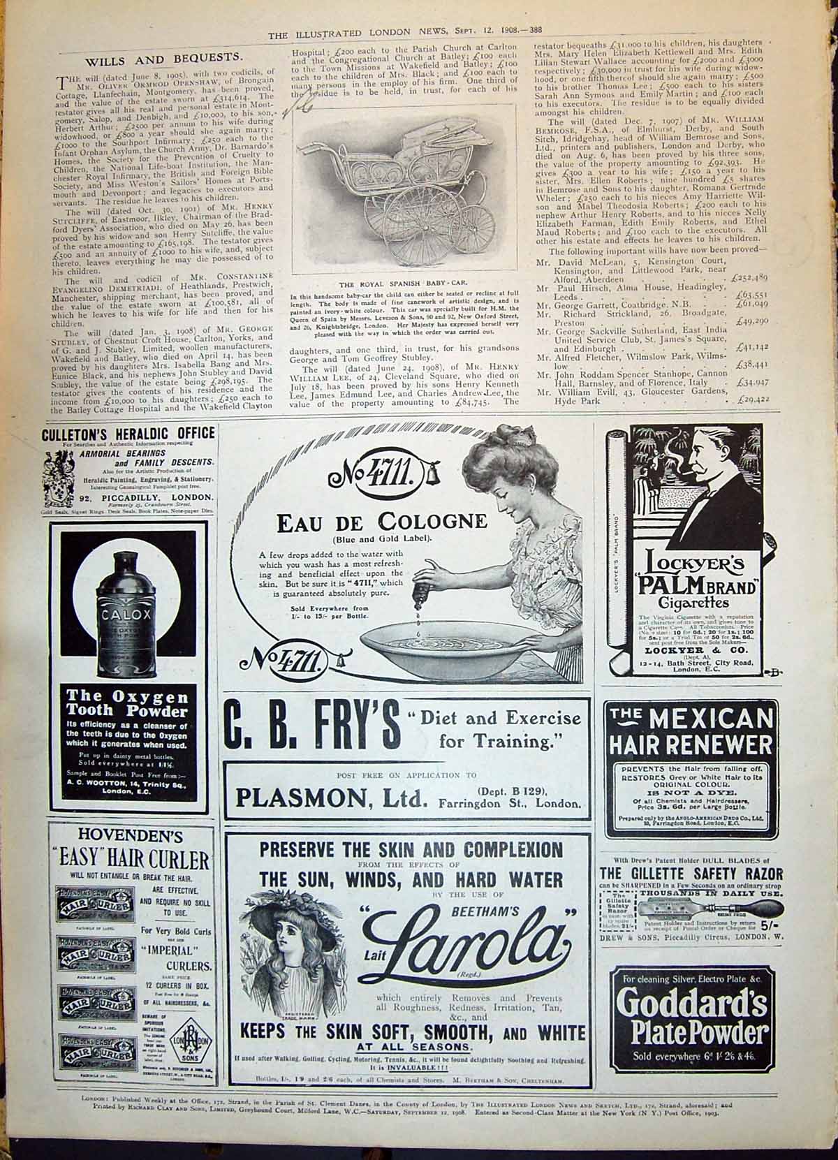 Antique Print 1908 Royal Spanish Baby Car Pram Leveson Cologne Larola Calox