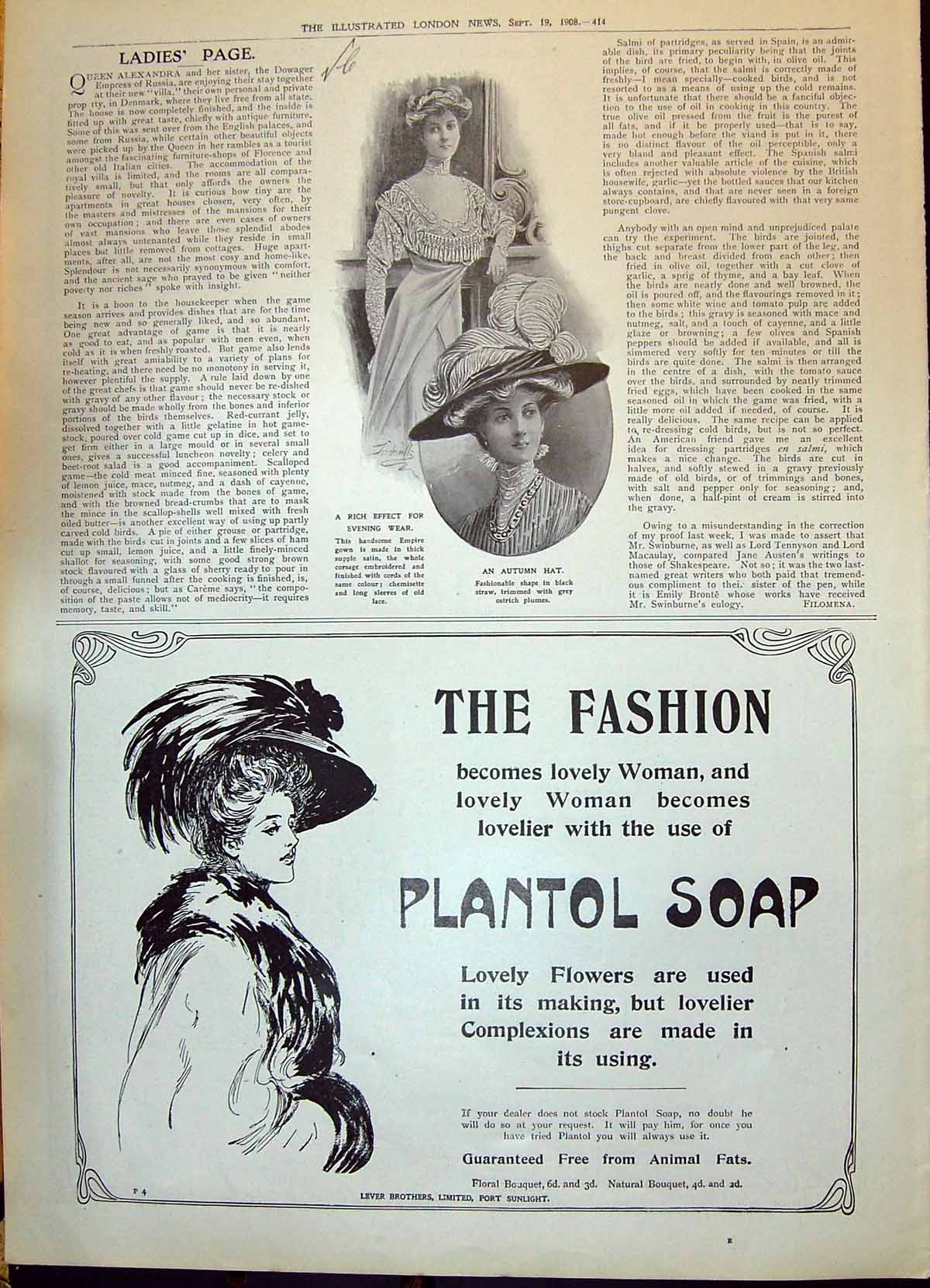 Antique Print 1908 Ladies Fashion Empire Gown Autumn Hat Plantol Soap Lever