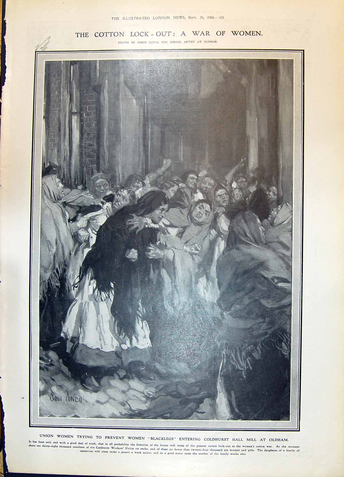 Antique Old Print 1908 Union Women Blacklegs Churst Mill ham Cotton Asquith M